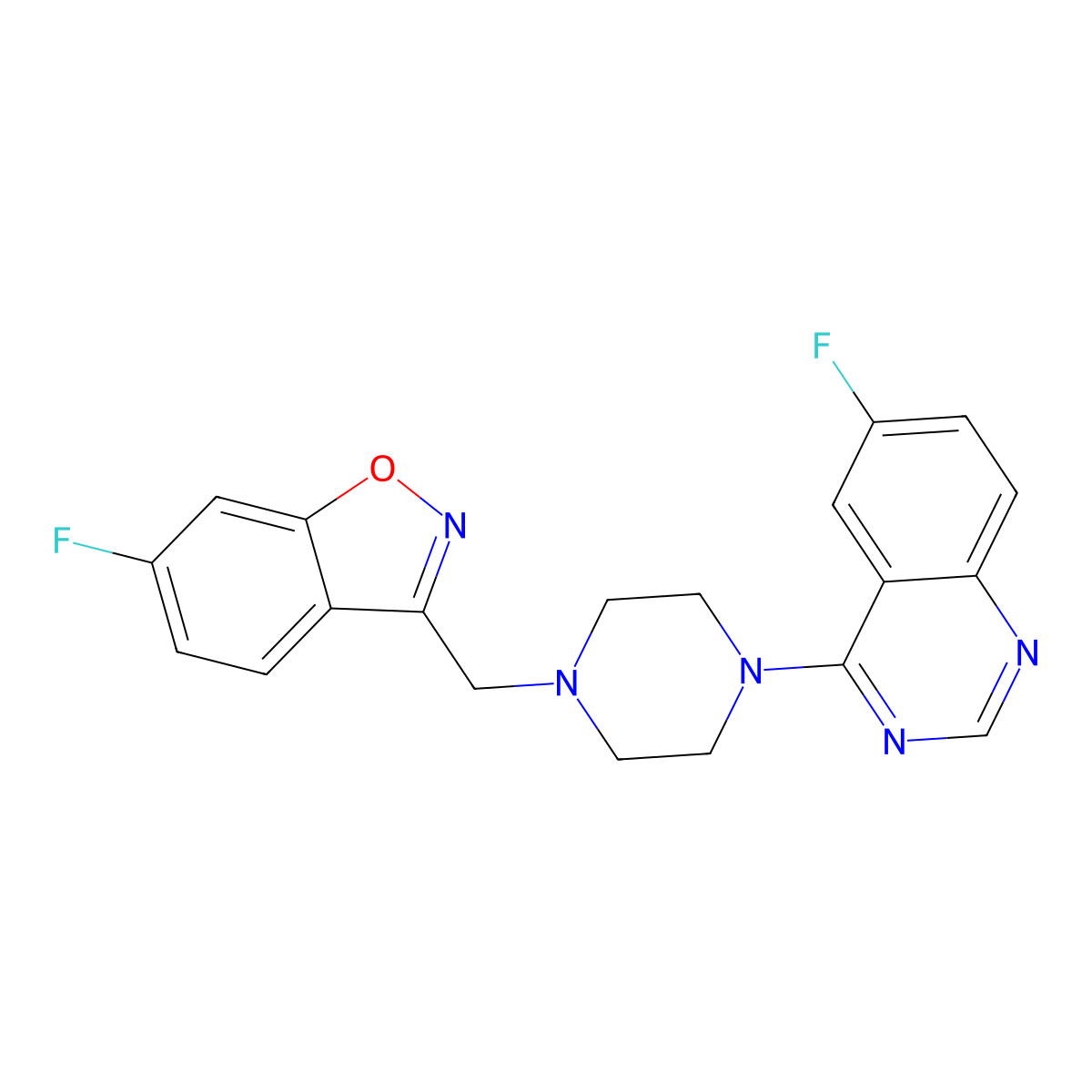 6-Fluoro-4-{4-[(6-fluoro-1,2-benzoxazol-3-yl)methyl]piperazin-1-yl}quinazoline molecular structure, CAS 3030830-67-9