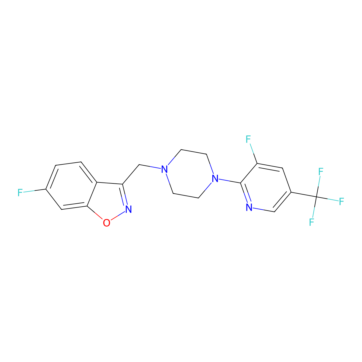 6-Fluoro-3-({4-[3-fluoro-5-(trifluoromethyl)pyridin-2-yl]piperazin-1-yl}methyl)-1,2-benzoxazole molecular structure, CAS 3030830-69-1