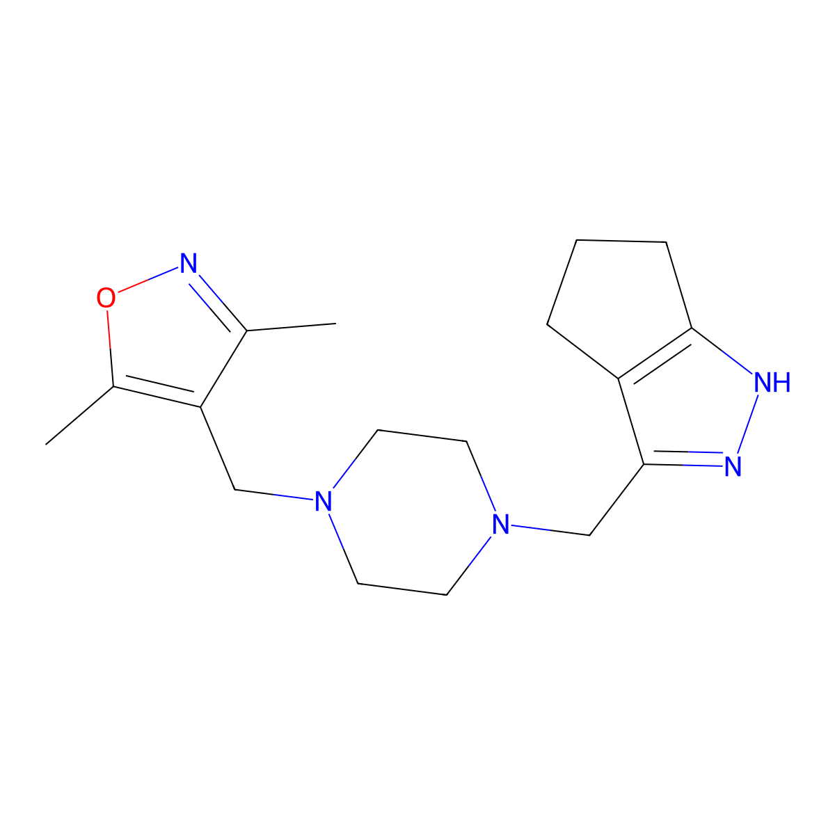 1-({1H,4H,5H,6H-cyclopenta[c]pyrazol-3-yl}methyl)-4-[(3,5-dimethyl-1,2-oxazol-4-yl)methyl]piperazine molecular structure, CAS 3030830-71-5