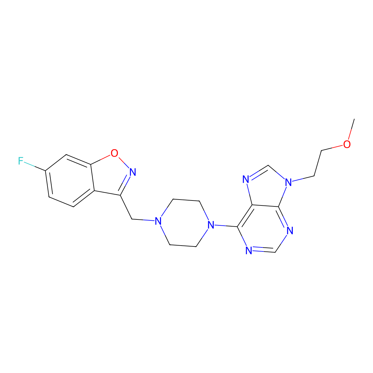 6-{4-[(6-fluoro-1,2-benzoxazol-3-yl)methyl]piperazin-1-yl}-9-(2-methoxyethyl)-9H-purine molecular structure, CAS 3030830-74-8