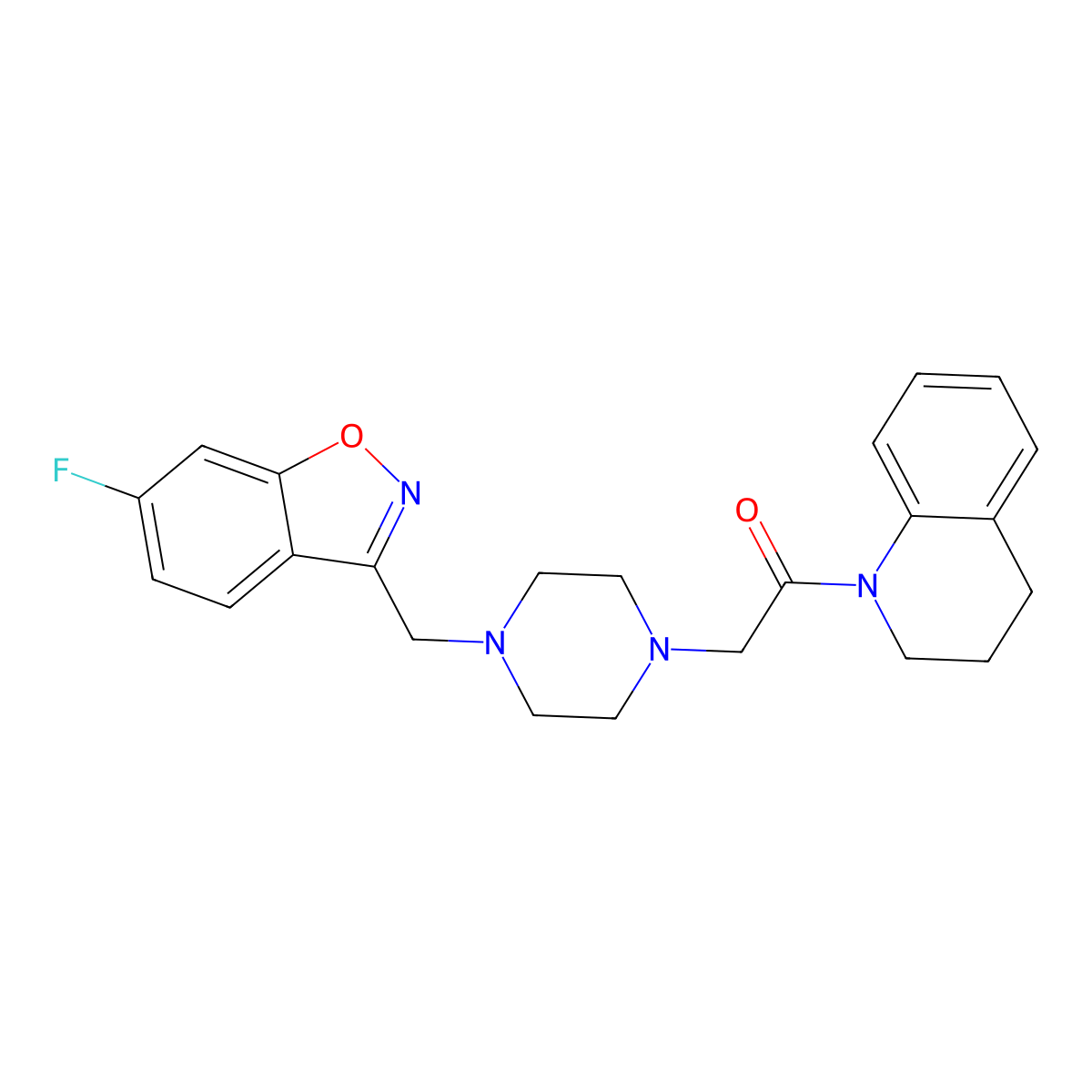 1-(3,4-dihydro-2H-quinolin-1-yl)-2-[4-[(6-fluoro-1,2-benzoxazol-3-yl)methyl]piperazin-1-yl]ethanone molecular structure, CAS 3030830-76-0