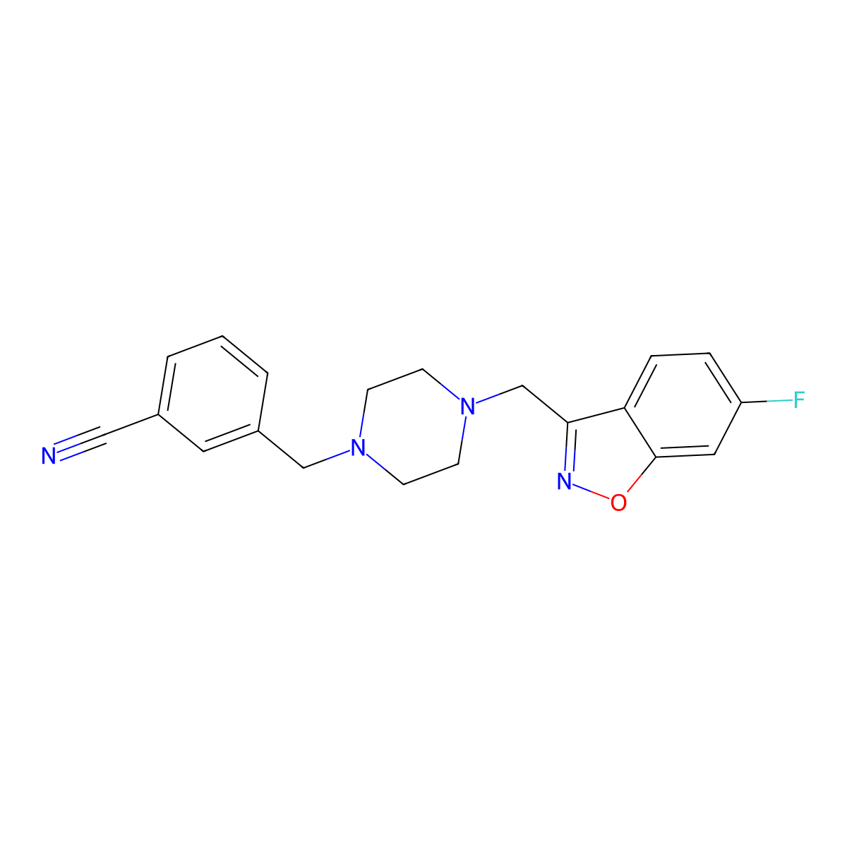 3-({4-[(6-Fluoro-1,2-benzoxazol-3-yl)methyl]piperazin-1-yl}methyl)benzonitrile molecular structure, CAS 3030830-81-7