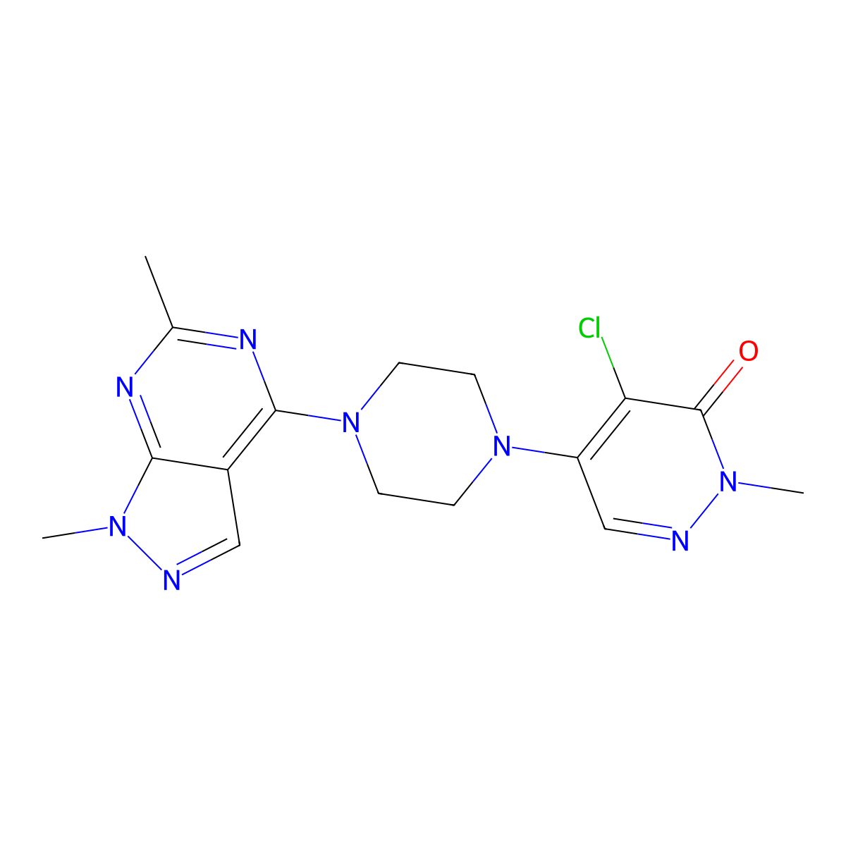 4-chloro-5-(4-{1,6-dimethyl-1H-pyrazolo[3,4-d]pyrimidin-4-yl}piperazin-1-yl)-2-methyl-2,3-dihydropyridazin-3-one molecular structure, CAS 3030831-01-4
