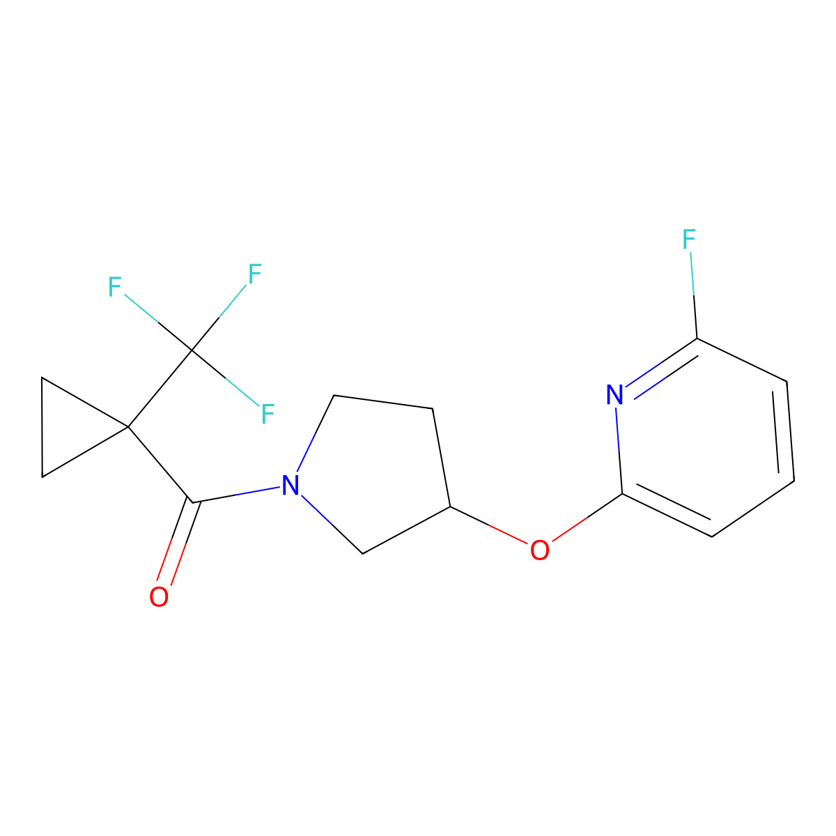 2-Fluoro-6-({1-[1-(trifluoromethyl)cyclopropanecarbonyl]pyrrolidin-3-yl}oxy)pyridine molecular structure, CAS 3030836-83-7
