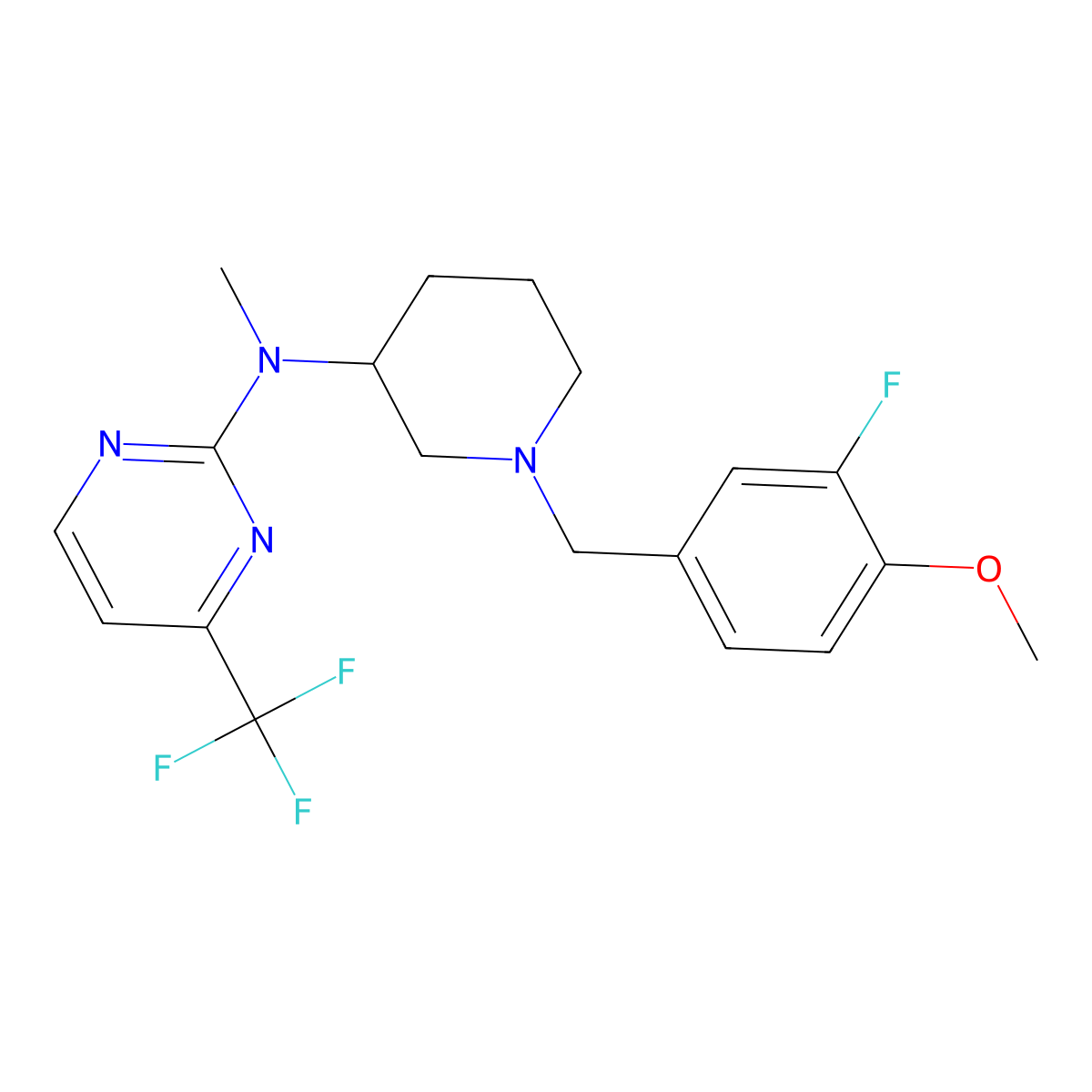 N-{1-[(3-fluoro-4-methoxyphenyl)methyl]piperidin-3-yl}-N-methyl-4-(trifluoromethyl)pyrimidin-2-amine molecular structure, CAS 3030841-56-3