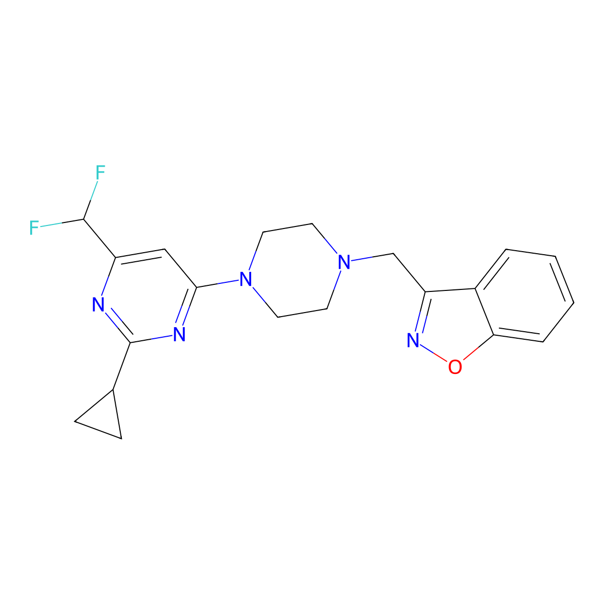 3-({4-[2-Cyclopropyl-6-(difluoromethyl)pyrimidin-4-yl]piperazin-1-yl}methyl)-1,2-benzoxazole molecular structure, CAS 3030841-92-7