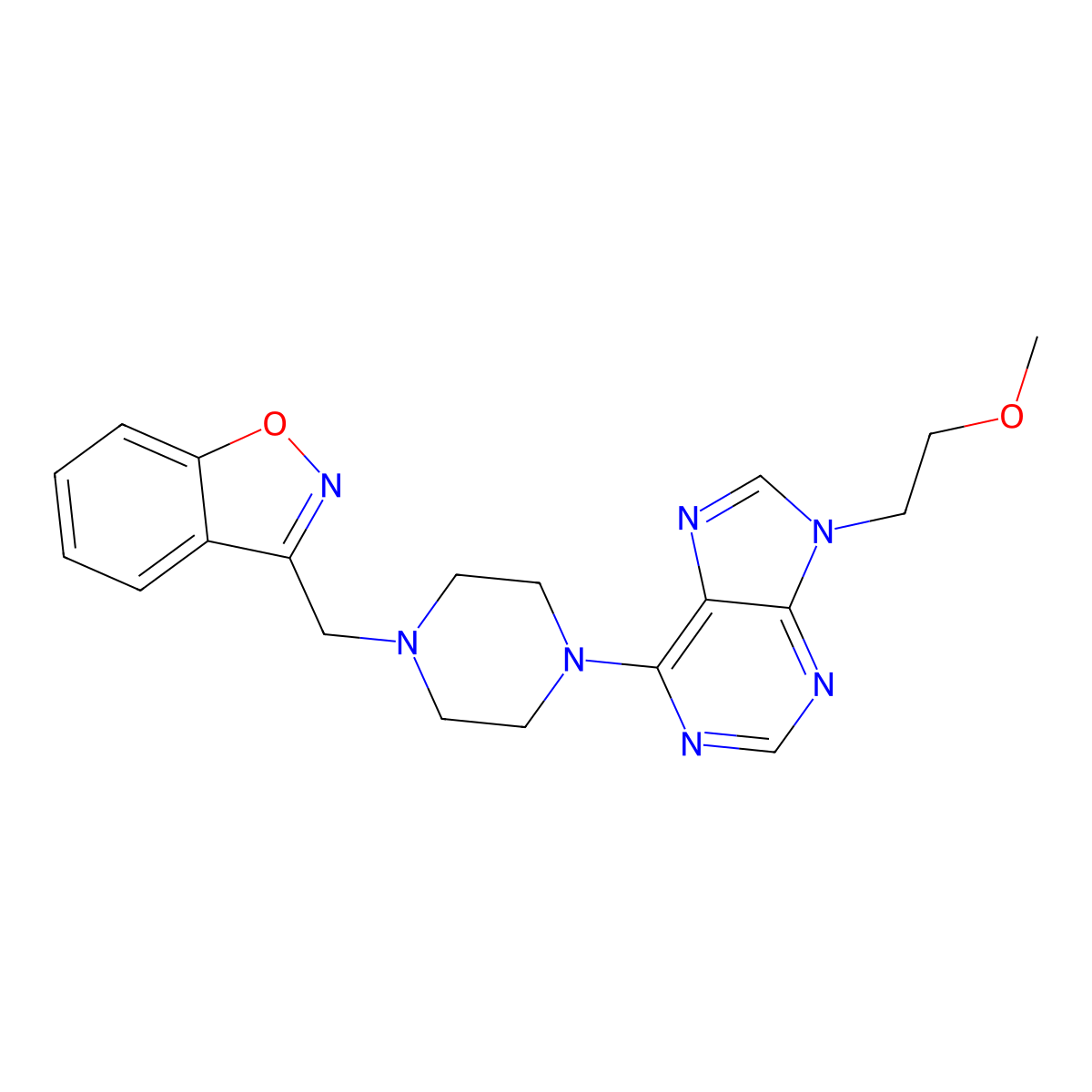 6-{4-[(1,2-benzoxazol-3-yl)methyl]piperazin-1-yl}-9-(2-methoxyethyl)-9H-purine molecular structure, CAS 3030841-94-9