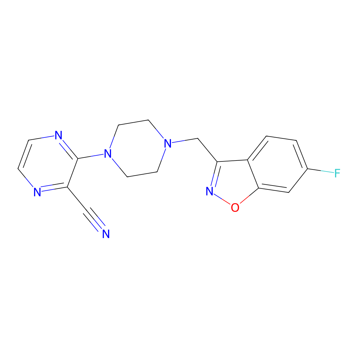3-{4-[(6-Fluoro-1,2-benzoxazol-3-yl)methyl]piperazin-1-yl}pyrazine-2-carbonitrile molecular structure, CAS 3030842-02-2