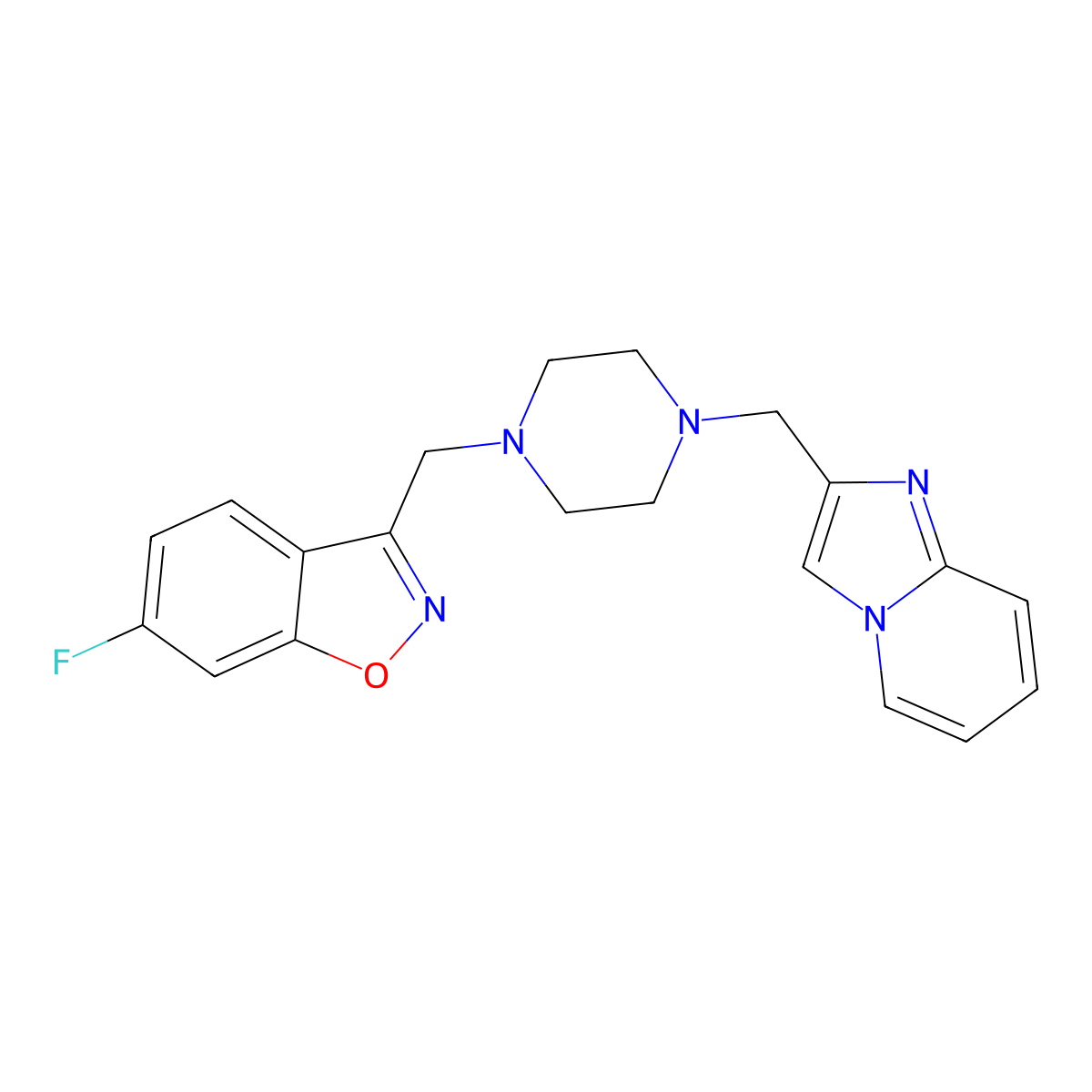 6-Fluoro-3-{[4-({imidazo[1,2-a]pyridin-2-yl}methyl)piperazin-1-yl]methyl}-1,2-benzoxazole molecular structure, CAS 3030842-06-6