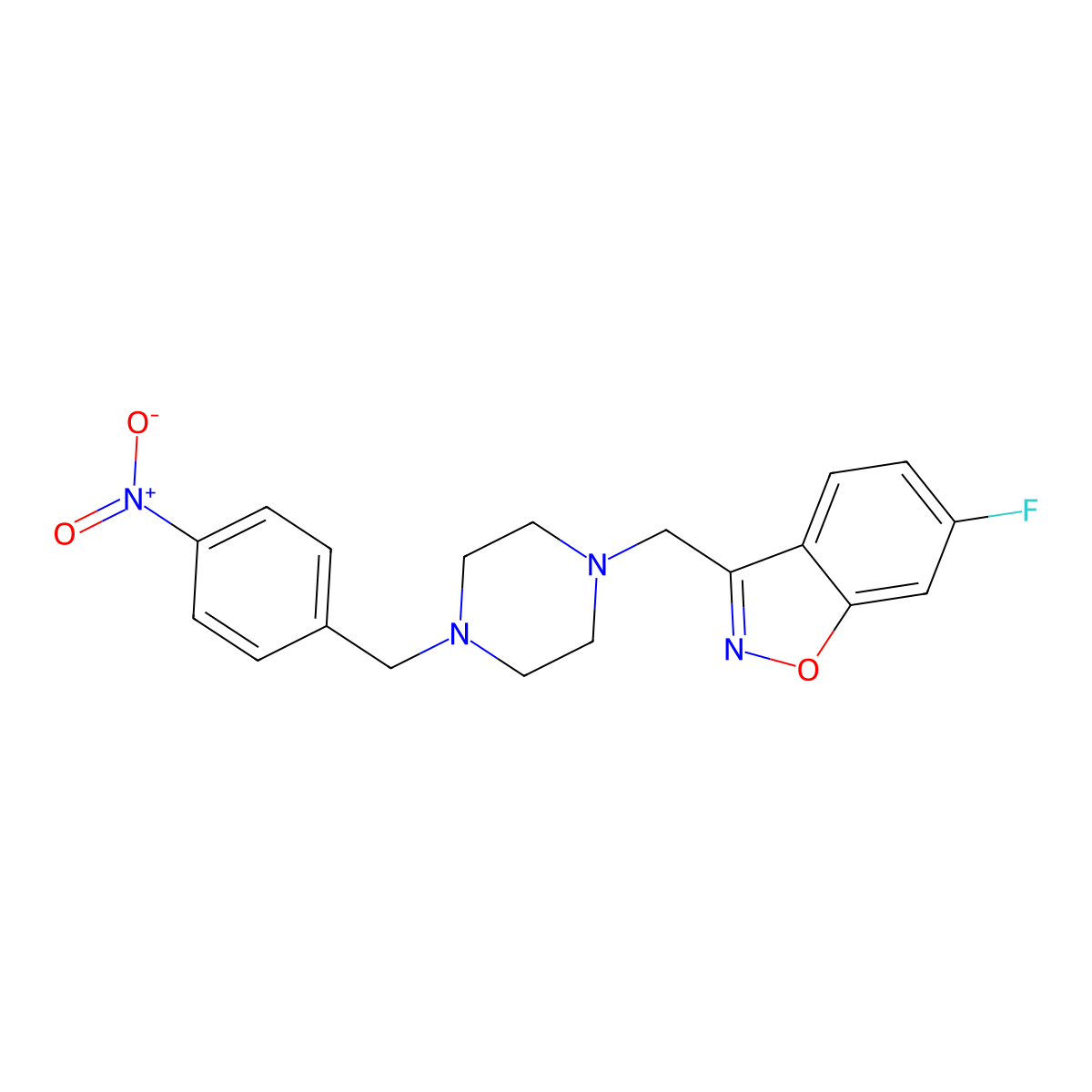 6-Fluoro-3-({4-[(4-nitrophenyl)methyl]piperazin-1-yl}methyl)-1,2-benzoxazole molecular structure, CAS 3030842-11-3