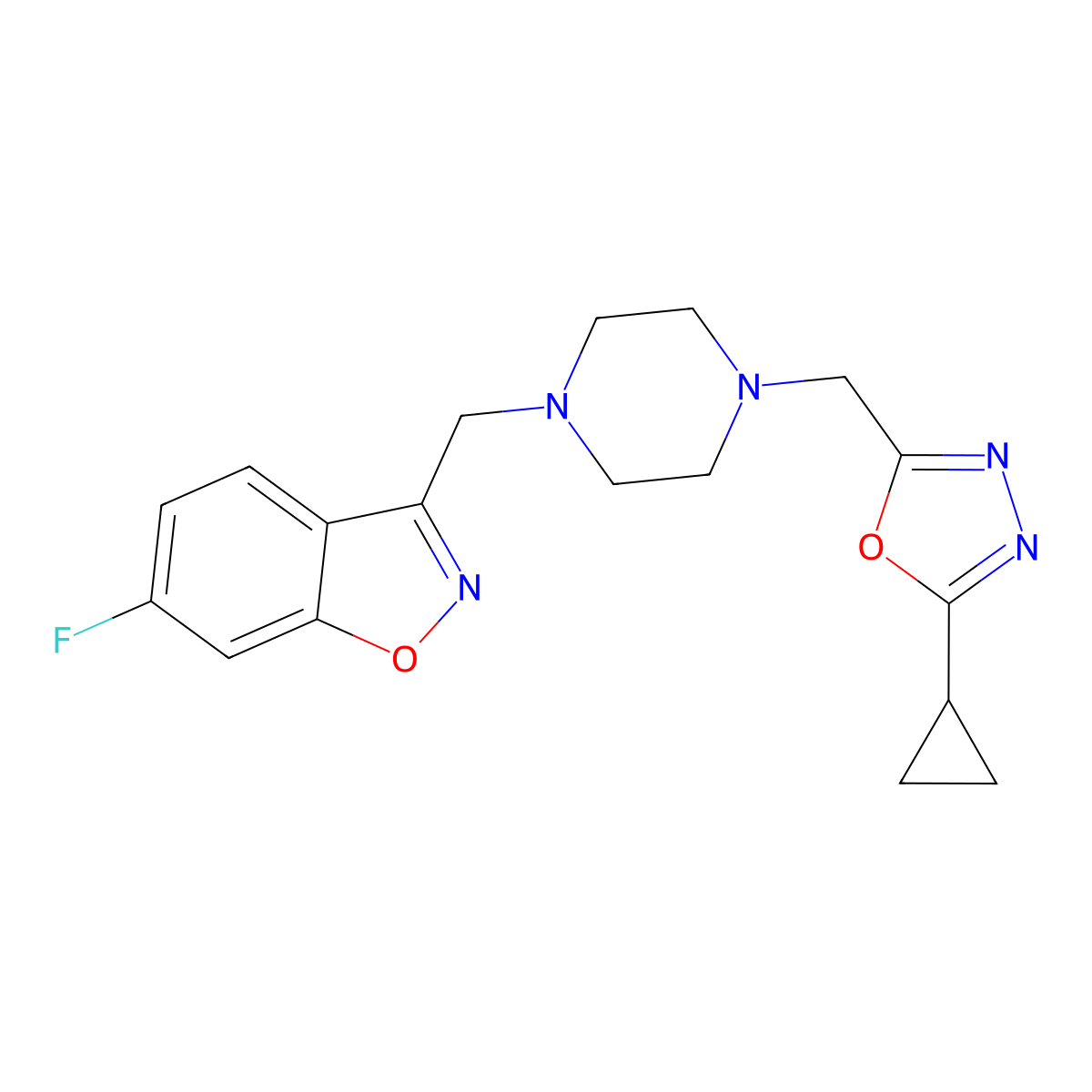3-({4-[(5-Cyclopropyl-1,3,4-oxadiazol-2-yl)methyl]piperazin-1-yl}methyl)-6-fluoro-1,2-benzoxazole molecular structure, CAS 3030842-13-5