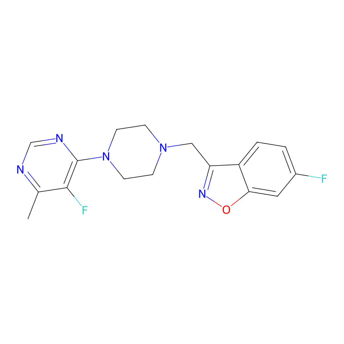 6-Fluoro-3-{[4-(5-fluoro-6-methylpyrimidin-4-yl)piperazin-1-yl]methyl}-1,2-benzoxazole molecular structure, CAS 3030842-16-8