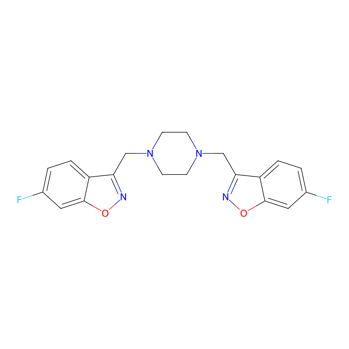 6-Fluoro-3-({4-[(6-fluoro-1,2-benzoxazol-3-yl)methyl]piperazin-1-yl}methyl)-1,2-benzoxazole molecular structure, CAS 3030842-24-8