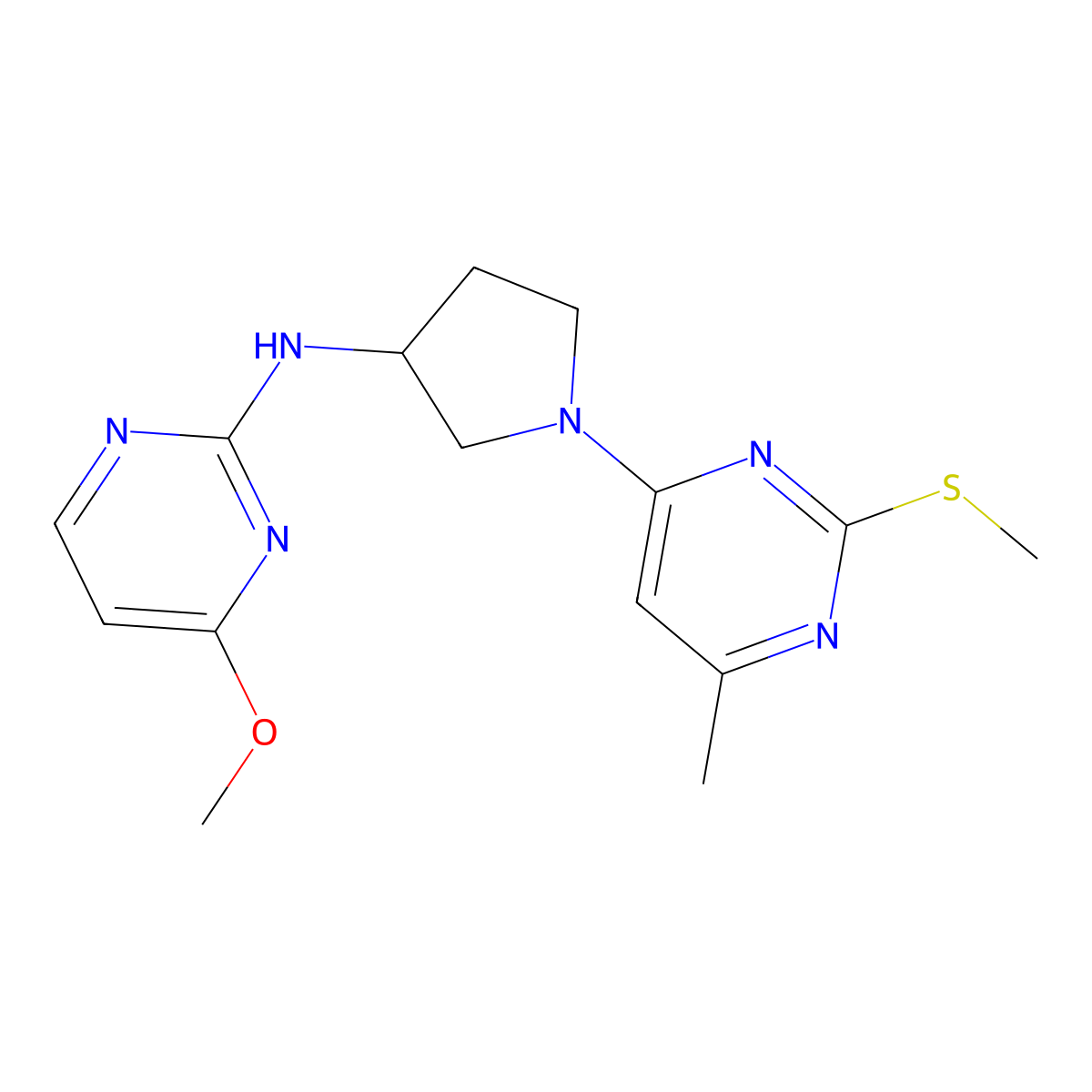 4-methoxy-N-{1-[6-methyl-2-(methylsulfanyl)pyrimidin-4-yl]pyrrolidin-3-yl}pyrimidin-2-amine molecular structure, CAS 3030842-59-9