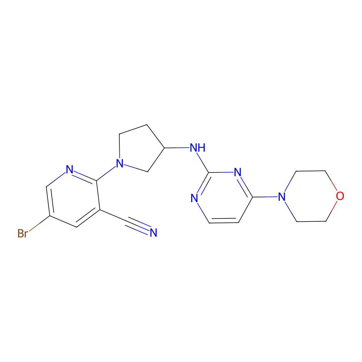 5-Bromo-2-(3-{[4-(morpholin-4-yl)pyrimidin-2-yl]amino}pyrrolidin-1-yl)pyridine-3-carbonitrile molecular structure, CAS 3030842-92-0