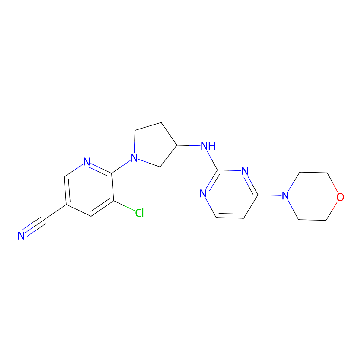 5-Chloro-6-(3-{[4-(morpholin-4-yl)pyrimidin-2-yl]amino}pyrrolidin-1-yl)pyridine-3-carbonitrile molecular structure, CAS 3030843-17-2