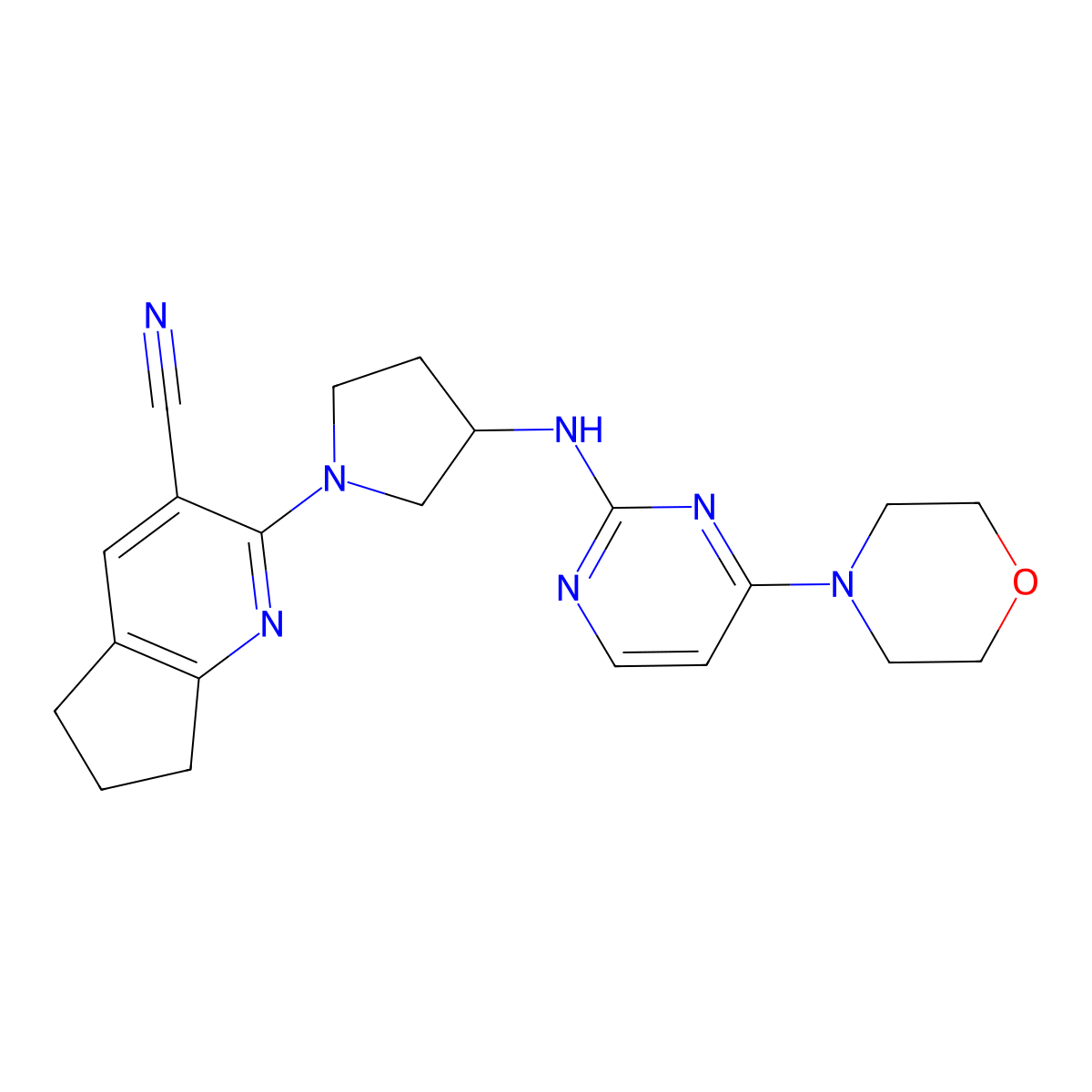 2-(3-{[4-(morpholin-4-yl)pyrimidin-2-yl]amino}pyrrolidin-1-yl)-5H,6H,7H-cyclopenta[b]pyridine-3-carbonitrile molecular structure, CAS 3030843-27-4
