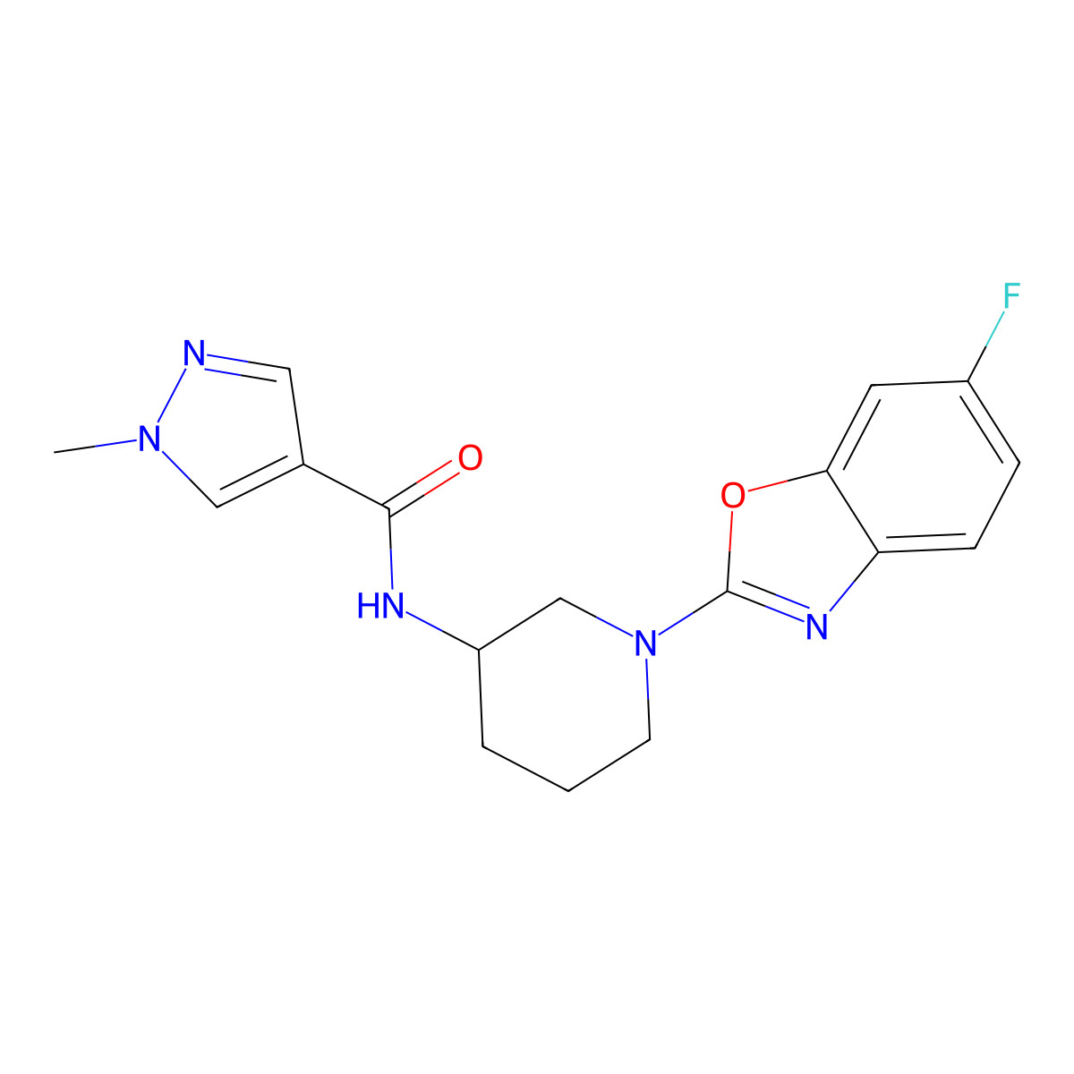 N-[1-(6-fluoro-1,3-benzoxazol-2-yl)piperidin-3-yl]-1-methyl-1H-pyrazole-4-carboxamide molecular structure, CAS 3030843-40-1