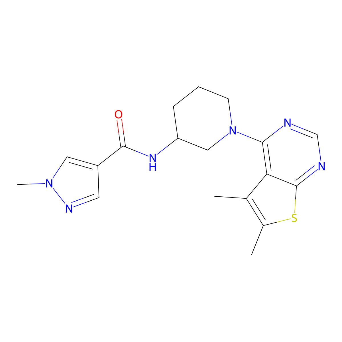 N-(1-{5,6-dimethylthieno[2,3-d]pyrimidin-4-yl}piperidin-3-yl)-1-methyl-1H-pyrazole-4-carboxamide molecular structure, CAS 3030843-59-2