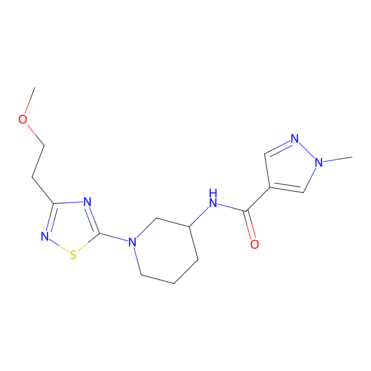 N-{1-[3-(2-methoxyethyl)-1,2,4-thiadiazol-5-yl]piperidin-3-yl}-1-methyl-1H-pyrazole-4-carboxamide molecular structure, CAS 3030843-82-1
