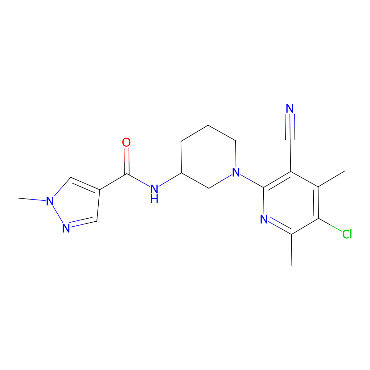 N-[1-(5-chloro-3-cyano-4,6-dimethylpyridin-2-yl)piperidin-3-yl]-1-methyl-1H-pyrazole-4-carboxamide molecular structure, CAS 3030843-92-3