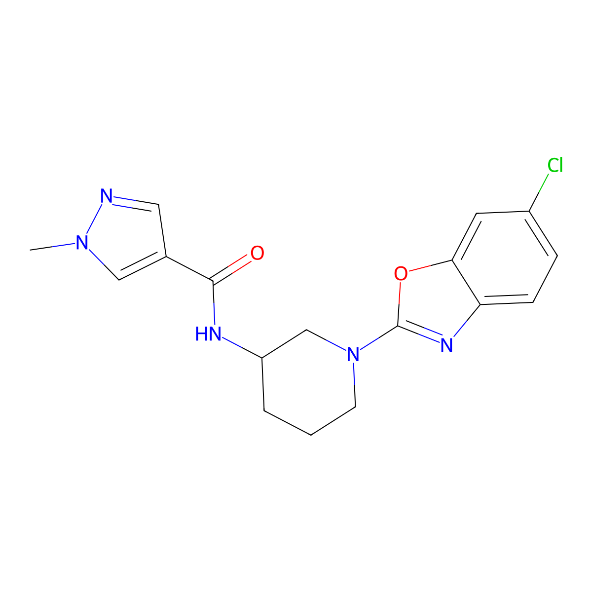 N-[1-(6-chloro-1,3-benzoxazol-2-yl)piperidin-3-yl]-1-methyl-1H-pyrazole-4-carboxamide molecular structure, CAS 3030844-00-6
