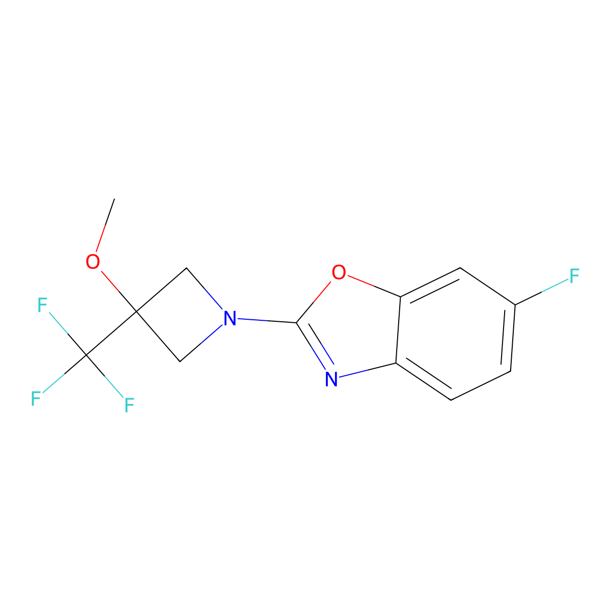6-Fluoro-2-[3-methoxy-3-(trifluoromethyl)azetidin-1-yl]-1,3-benzoxazole molecular structure, CAS 3030844-24-4
