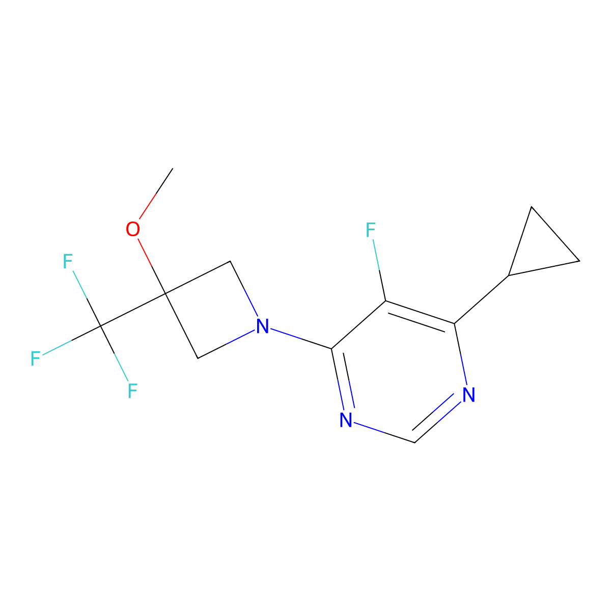 4-Cyclopropyl-5-fluoro-6-[3-methoxy-3-(trifluoromethyl)azetidin-1-yl]pyrimidine molecular structure, CAS 3030844-30-2