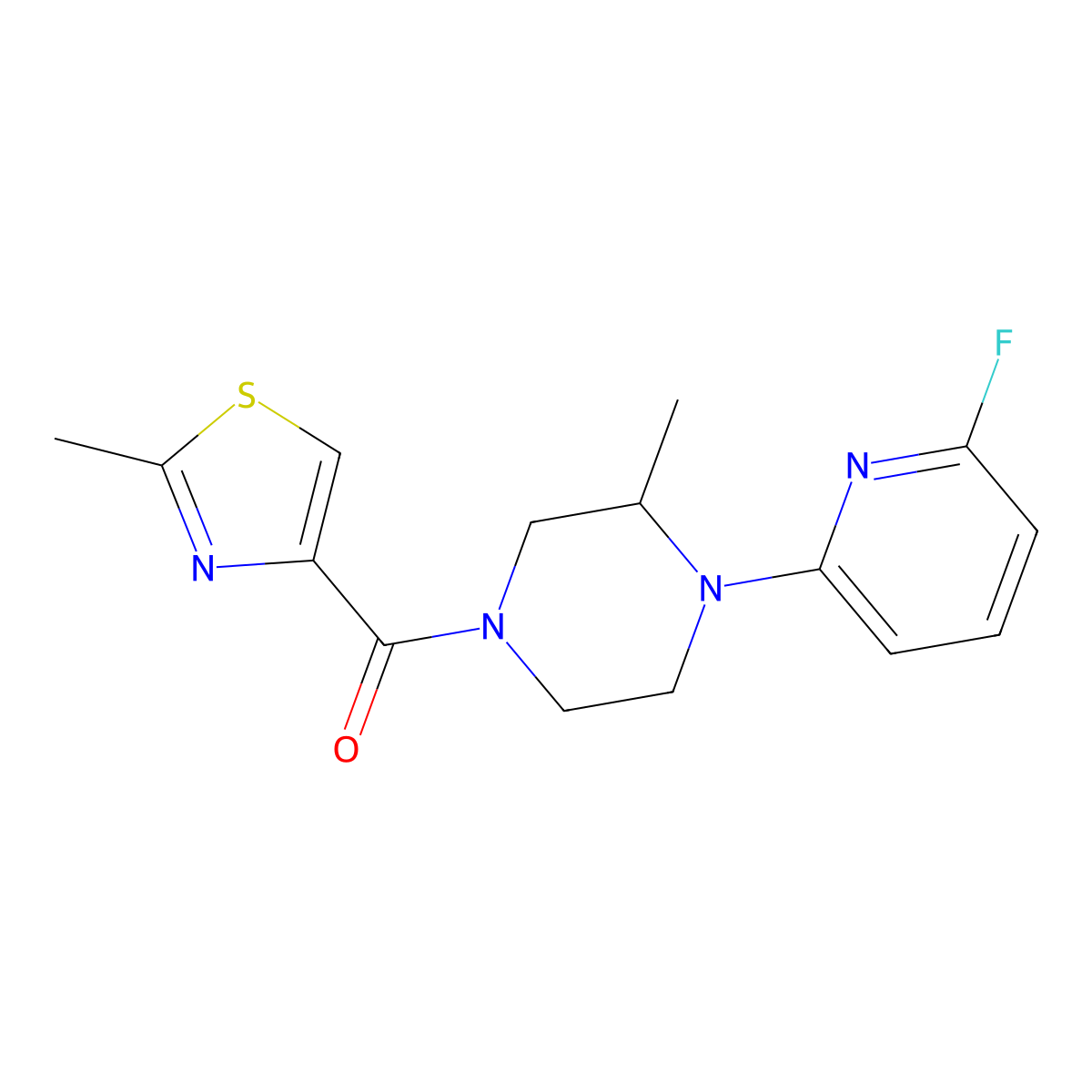 1-(6-Fluoropyridin-2-yl)-2-methyl-4-(2-methyl-1,3-thiazole-4-carbonyl)piperazine molecular structure, CAS 3030844-71-1