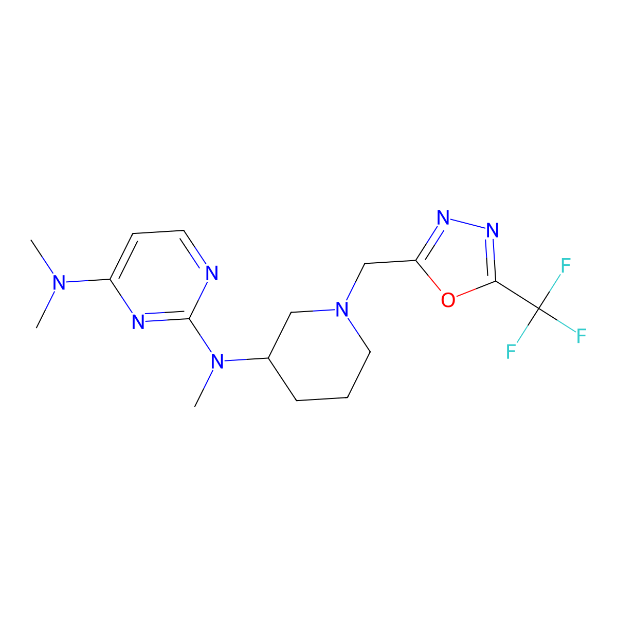 N2,N4,N4-trimethyl-N2-(1-{[5-(trifluoromethyl)-1,3,4-oxadiazol-2-yl]methyl}piperidin-3-yl)pyrimidine-2,4-diamine molecular structure, CAS 3030845-27-0