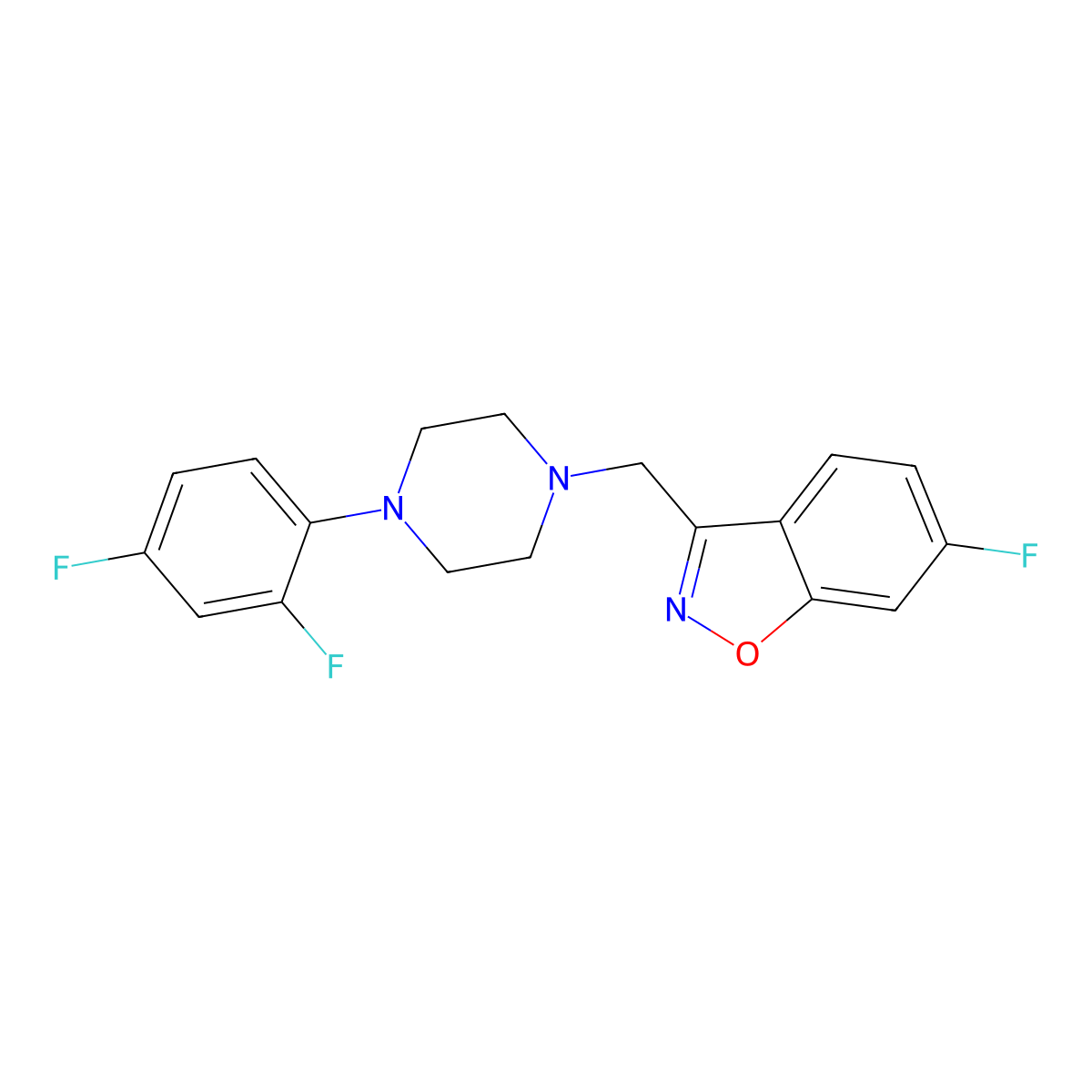 3-[[4-(2,4-Difluorophenyl)piperazin-1-yl]methyl]-6-fluoro-1,2-benzoxazole molecular structure, CAS 3030845-33-8