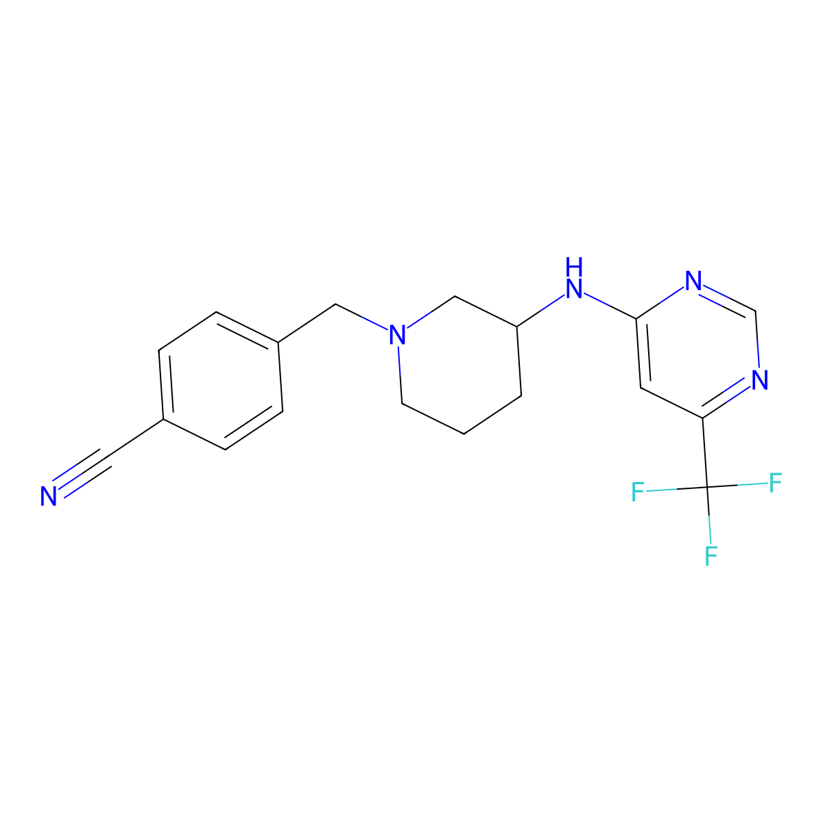 4-[(3-{[6-(Trifluoromethyl)pyrimidin-4-yl]amino}piperidin-1-yl)methyl]benzonitrile molecular structure, CAS 3030845-37-2