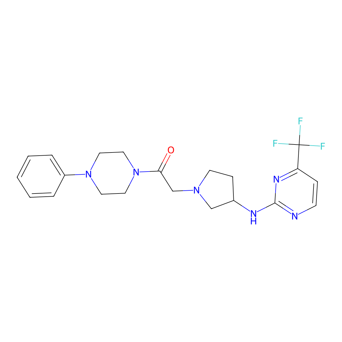 1-(4-Phenylpiperazin-1-yl)-2-(3-{[4-(trifluoromethyl)pyrimidin-2-yl]amino}pyrrolidin-1-yl)ethan-1-one molecular structure, CAS 3030845-53-2