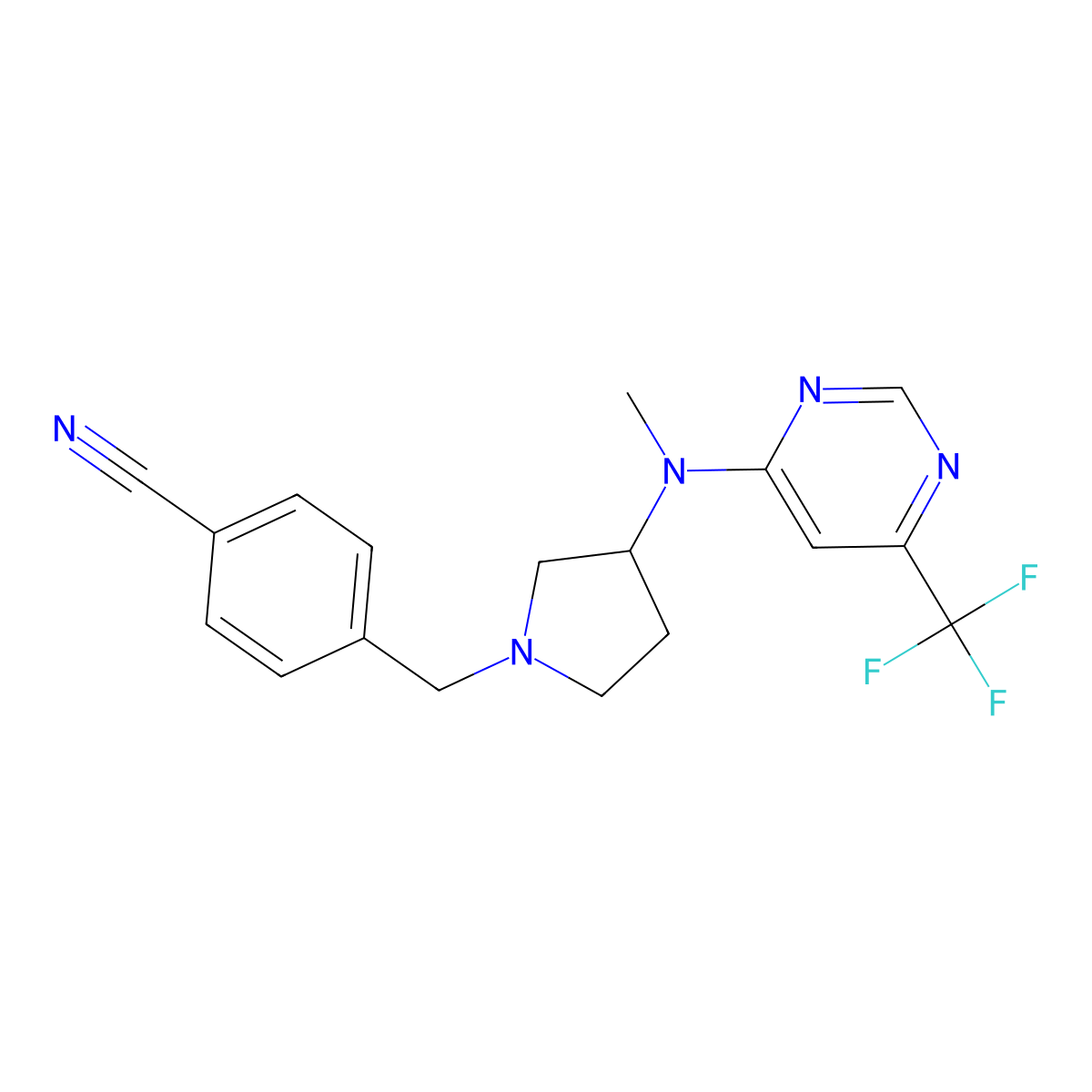 4-[(3-{Methyl[6-(trifluoromethyl)pyrimidin-4-yl]amino}pyrrolidin-1-yl)methyl]benzonitrile molecular structure, CAS 3030845-75-8
