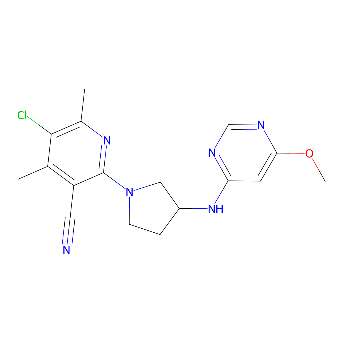 5-Chloro-2-{3-[(6-methoxypyrimidin-4-yl)amino]pyrrolidin-1-yl}-4,6-dimethylpyridine-3-carbonitrile molecular structure, CAS 3030846-10-4