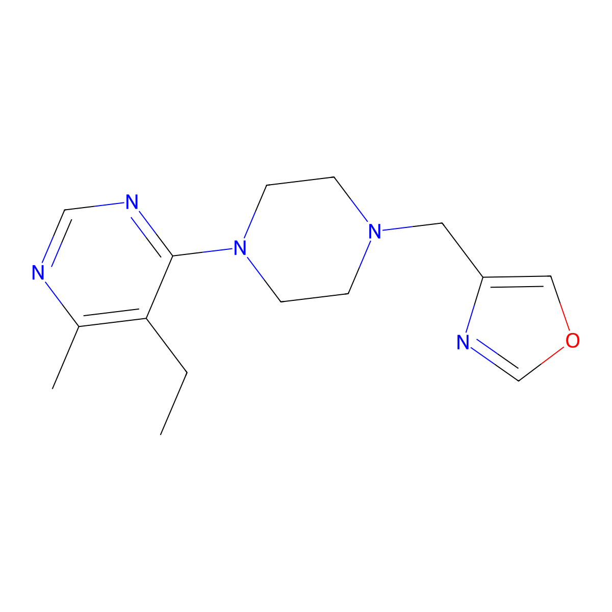 5-Ethyl-4-methyl-6-{4-[(1,3-oxazol-4-yl)methyl]piperazin-1-yl}pyrimidine molecular structure, CAS 3030846-24-0