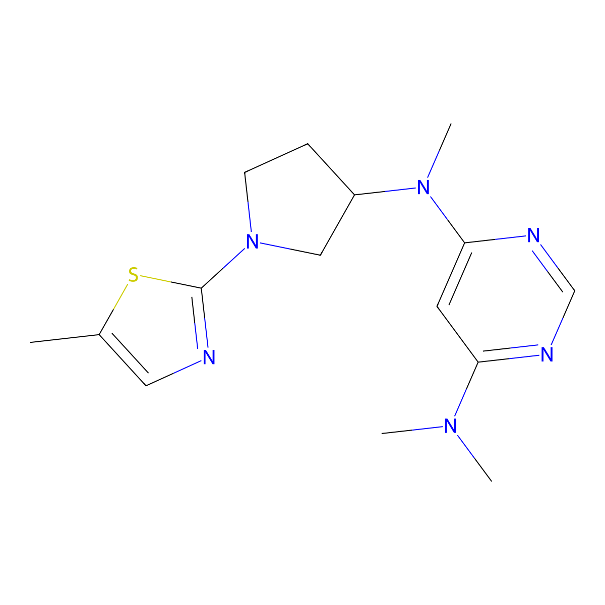 N4,N4,N6-trimethyl-N6-[1-(5-methyl-1,3-thiazol-2-yl)pyrrolidin-3-yl]pyrimidine-4,6-diamine molecular structure, CAS 3030846-71-7