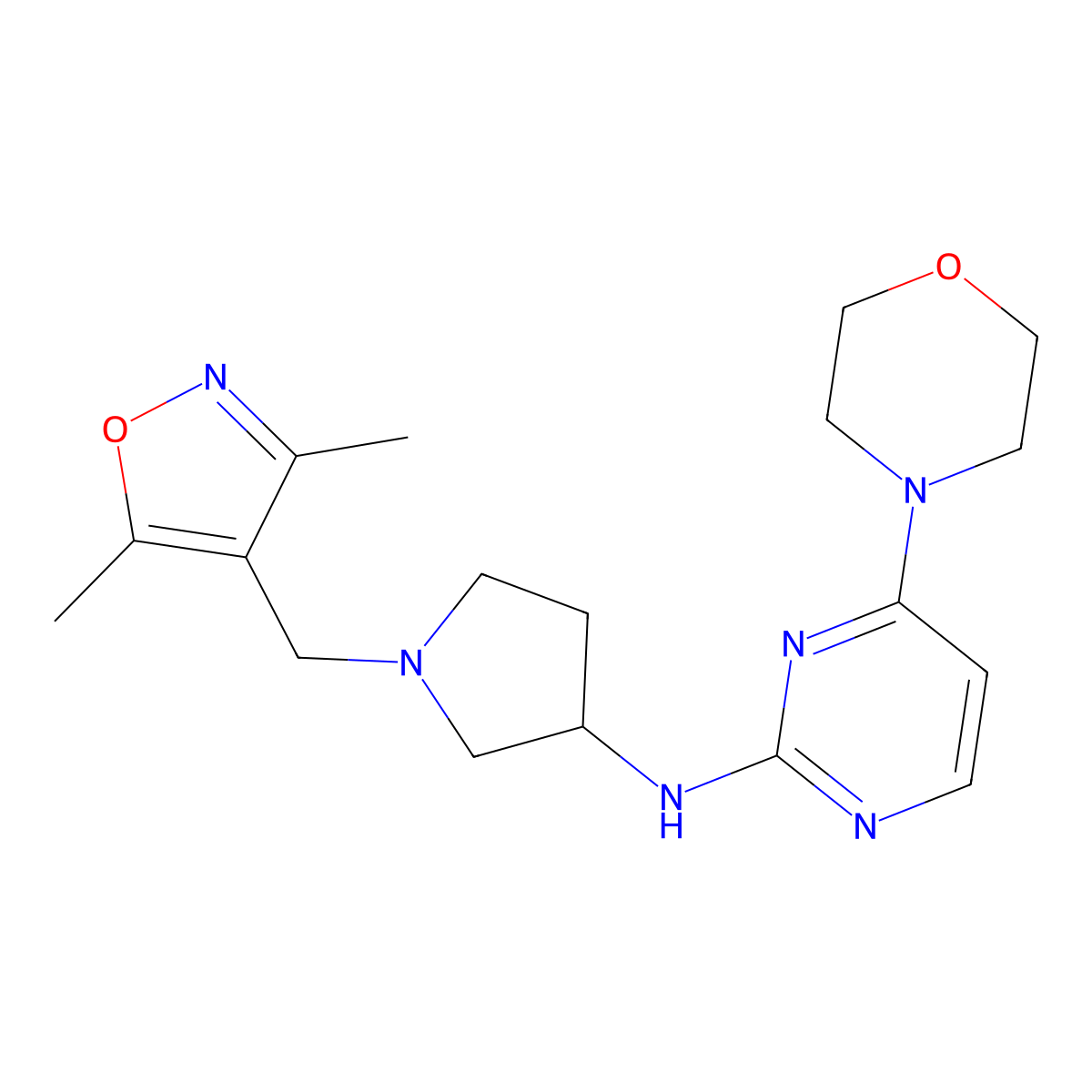 N-{1-[(3,5-dimethyl-1,2-oxazol-4-yl)methyl]pyrrolidin-3-yl}-4-(morpholin-4-yl)pyrimidin-2-amine molecular structure, CAS 3030846-75-1