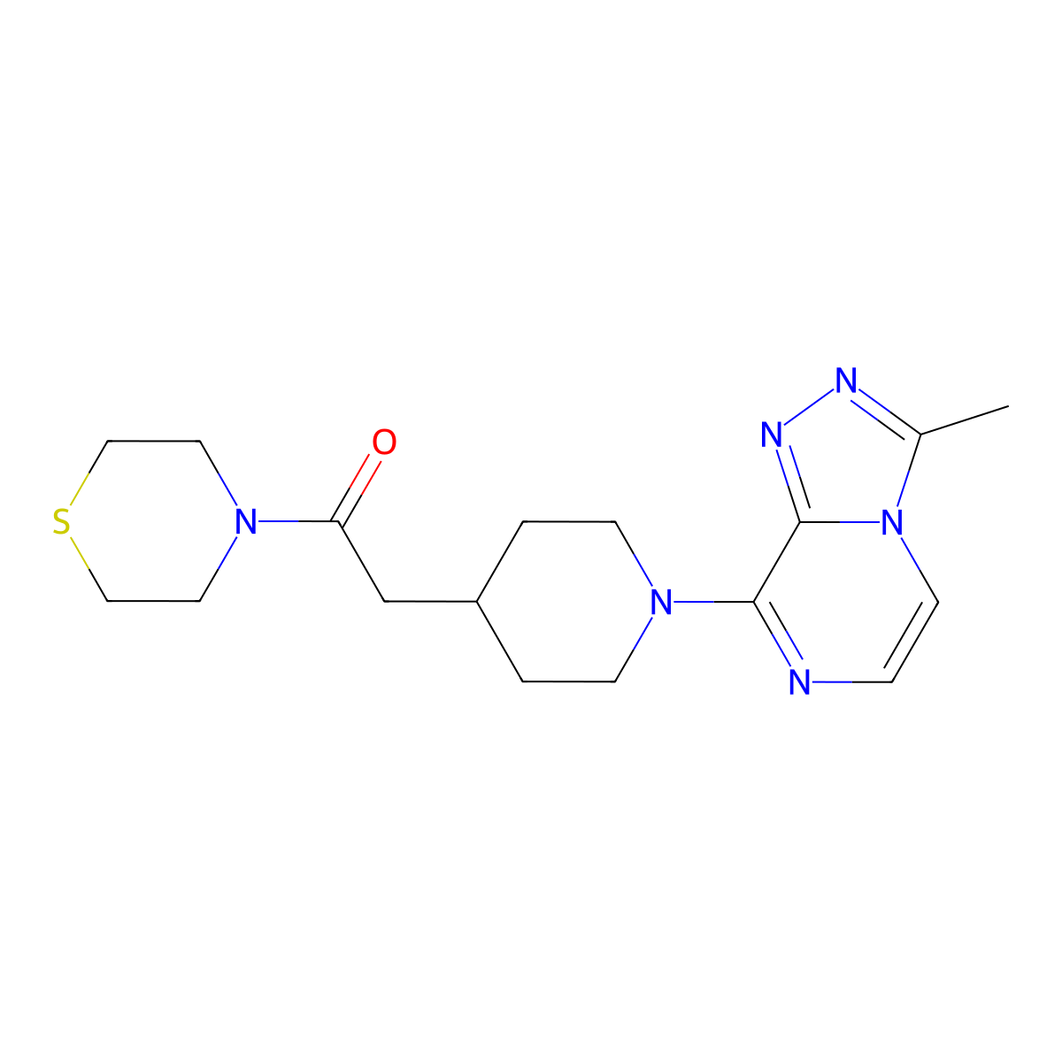 2-(1-{3-Methyl-[1,2,4]triazolo[4,3-a]pyrazin-8-yl}piperidin-4-yl)-1-(thiomorpholin-4-yl)ethan-1-one molecular structure, CAS 3030847-72-1
