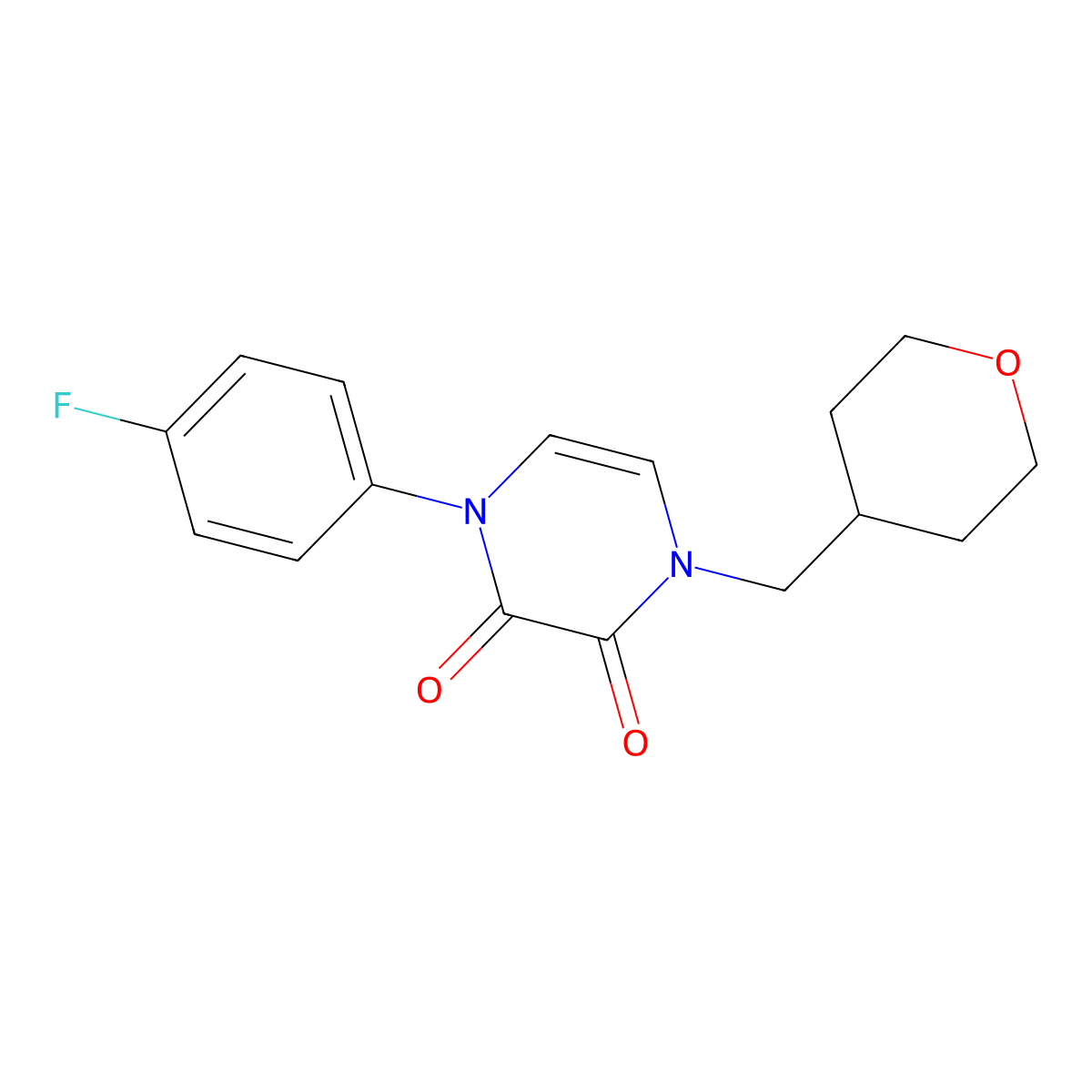 1-(4-Fluorophenyl)-4-[(oxan-4-yl)methyl]-1,2,3,4-tetrahydropyrazine-2,3-dione molecular structure, CAS 3030847-73-2