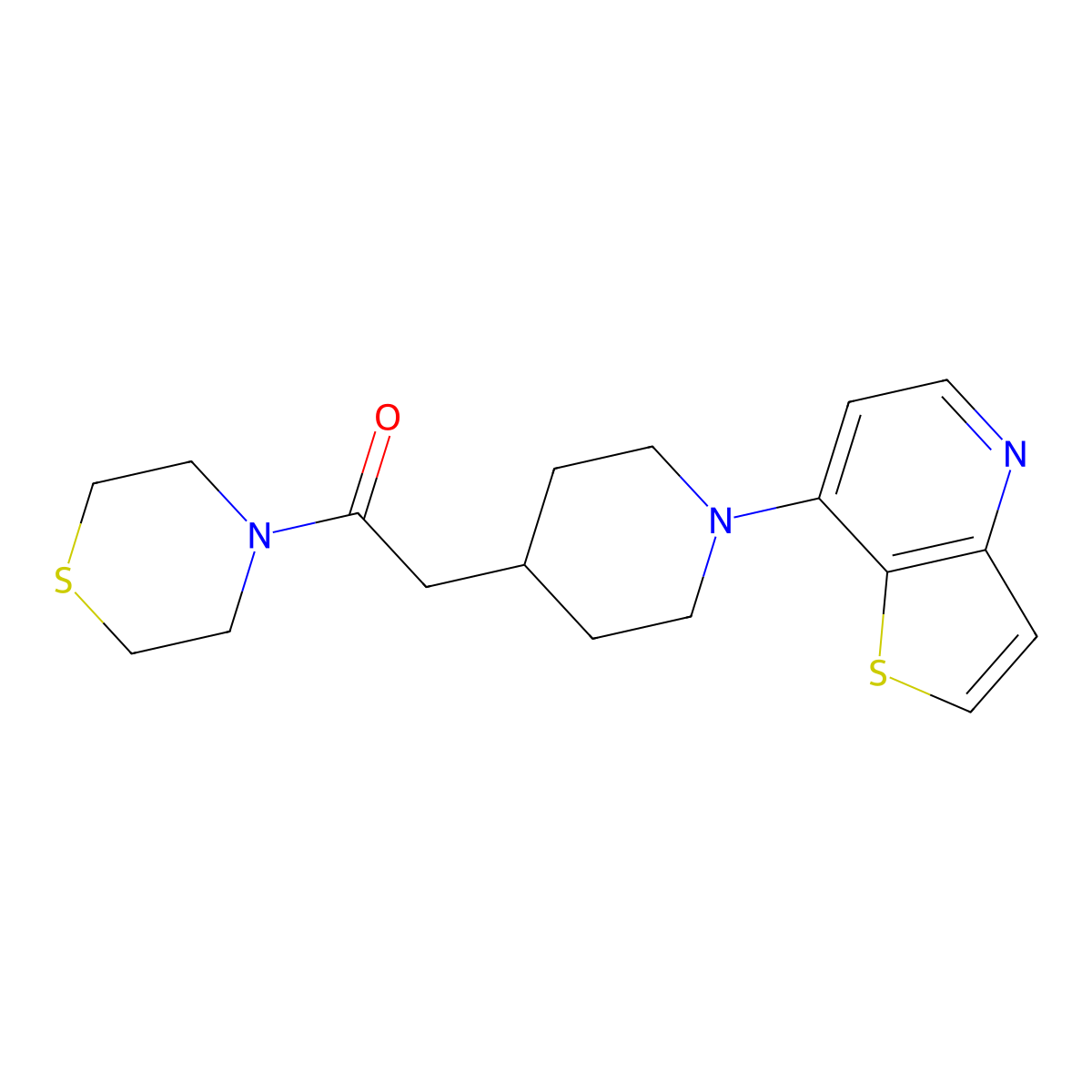 2-(1-{Thieno[3,2-b]pyridin-7-yl}piperidin-4-yl)-1-(thiomorpholin-4-yl)ethan-1-one molecular structure, CAS 3030847-77-6