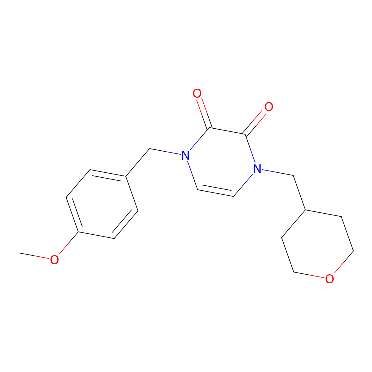 1-[(4-Methoxyphenyl)methyl]-4-[(oxan-4-yl)methyl]-1,2,3,4-tetrahydropyrazine-2,3-dione molecular structure, CAS 3030847-89-0