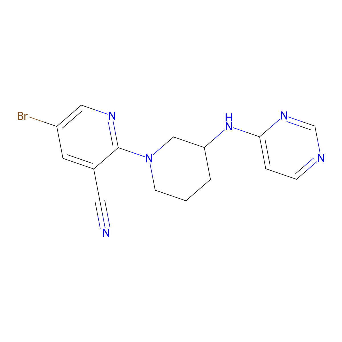 5-Bromo-2-{3-[(pyrimidin-4-yl)amino]piperidin-1-yl}pyridine-3-carbonitrile molecular structure, CAS 3030848-02-0