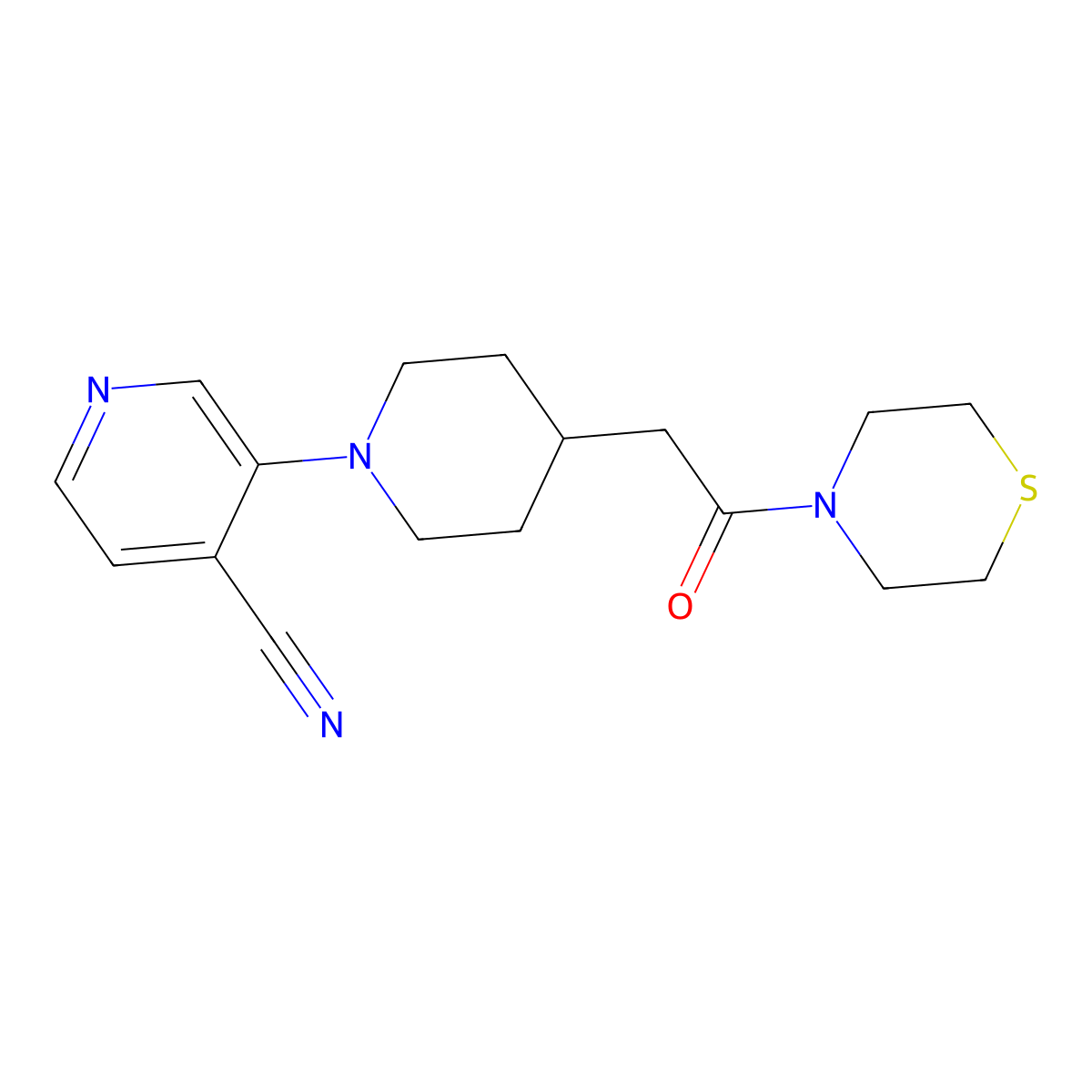 3-{4-[2-Oxo-2-(thiomorpholin-4-yl)ethyl]piperidin-1-yl}pyridine-4-carbonitrile molecular structure, CAS 3030848-29-1