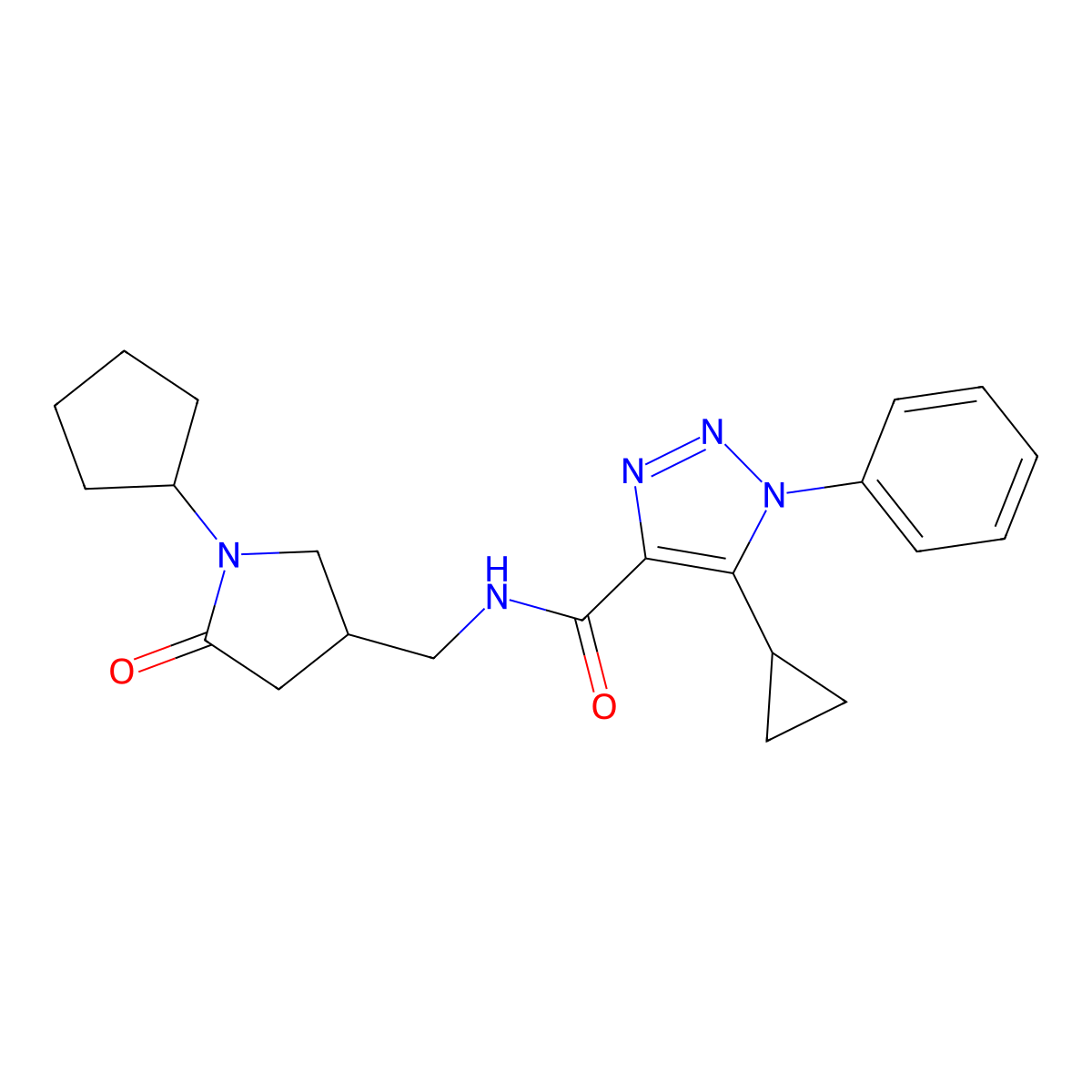 N-[(1-cyclopentyl-5-oxopyrrolidin-3-yl)methyl]-5-cyclopropyl-1-phenyl-1H-1,2,3-triazole-4-carboxamide molecular structure, CAS 3030848-53-1