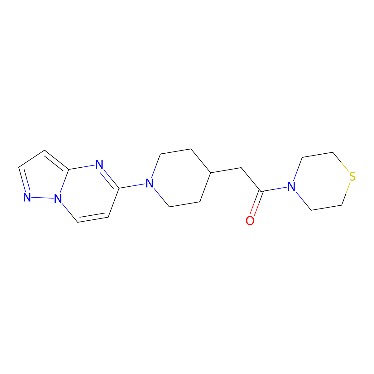 2-(1-{Pyrazolo[1,5-a]pyrimidin-5-yl}piperidin-4-yl)-1-(thiomorpholin-4-yl)ethan-1-one molecular structure, CAS 3030848-58-6