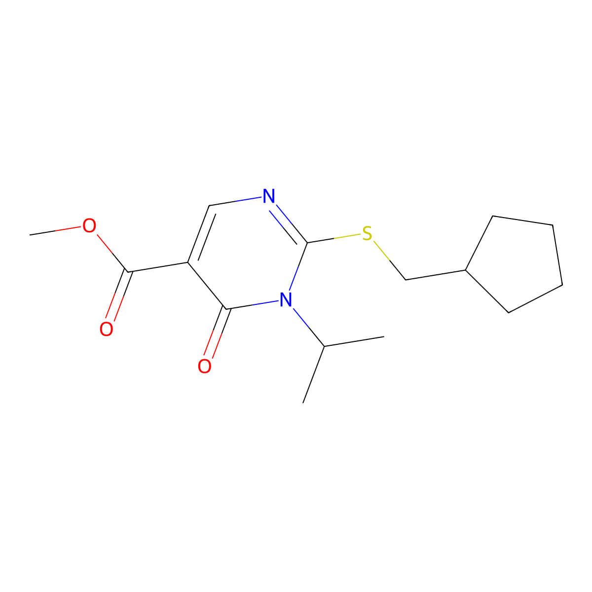 Methyl 2-[(cyclopentylmethyl)sulfanyl]-6-oxo-1-(propan-2-yl)-1,6-dihydropyrimidine-5-carboxylate molecular structure, CAS 3030848-59-7