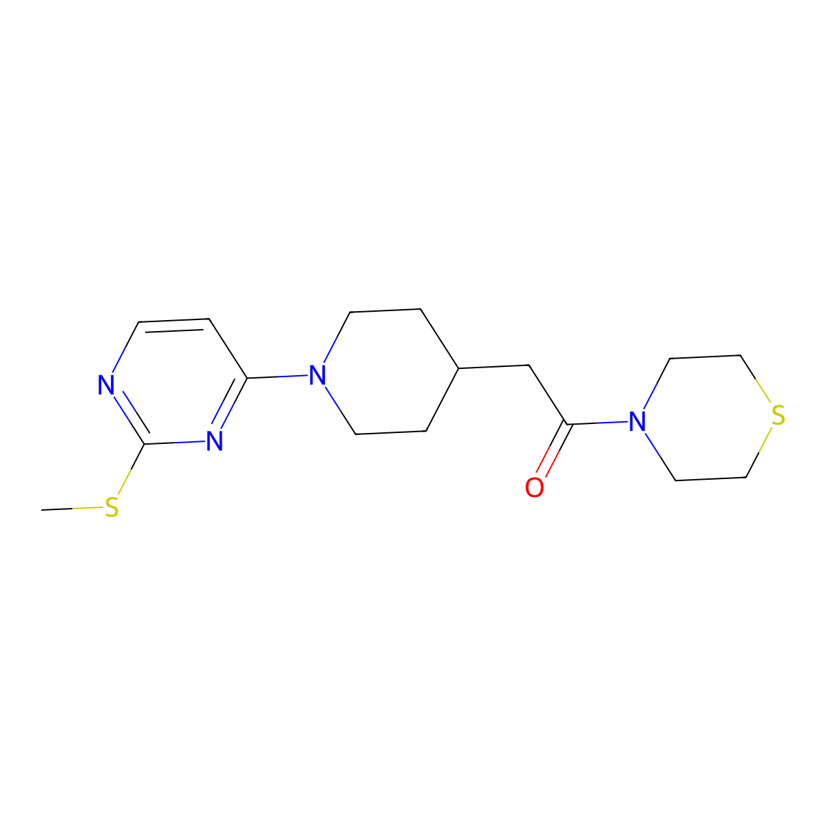 2-{1-[2-(Methylsulfanyl)pyrimidin-4-yl]piperidin-4-yl}-1-(thiomorpholin-4-yl)ethan-1-one molecular structure, CAS 3030848-74-6