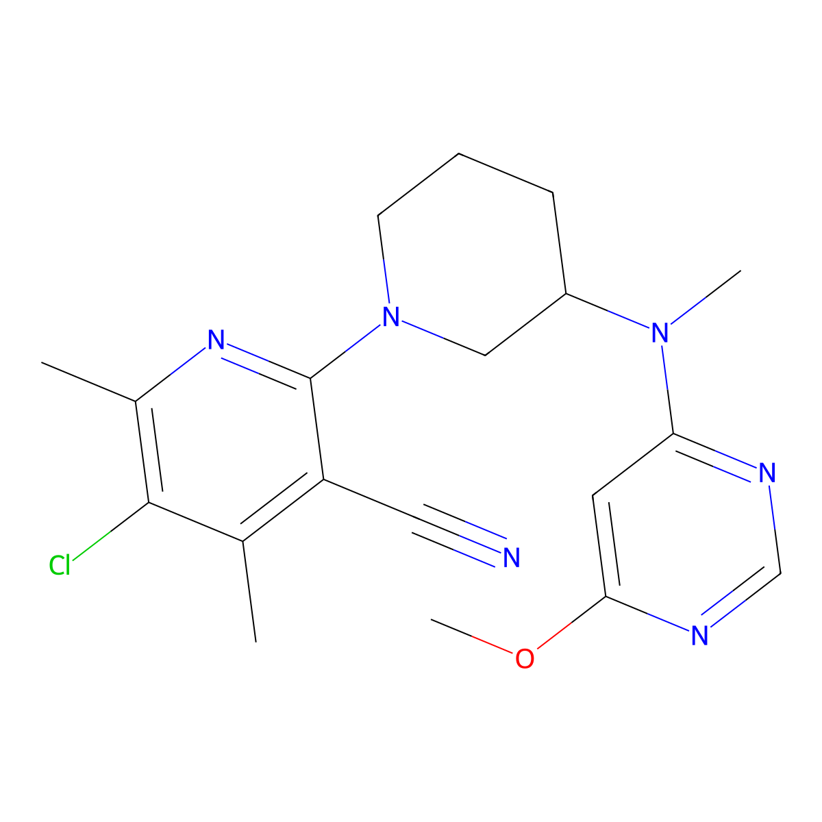 5-Chloro-2-{3-[(6-methoxypyrimidin-4-yl)(methyl)amino]piperidin-1-yl}-4,6-dimethylpyridine-3-carbonitrile molecular structure, CAS 3030848-93-9