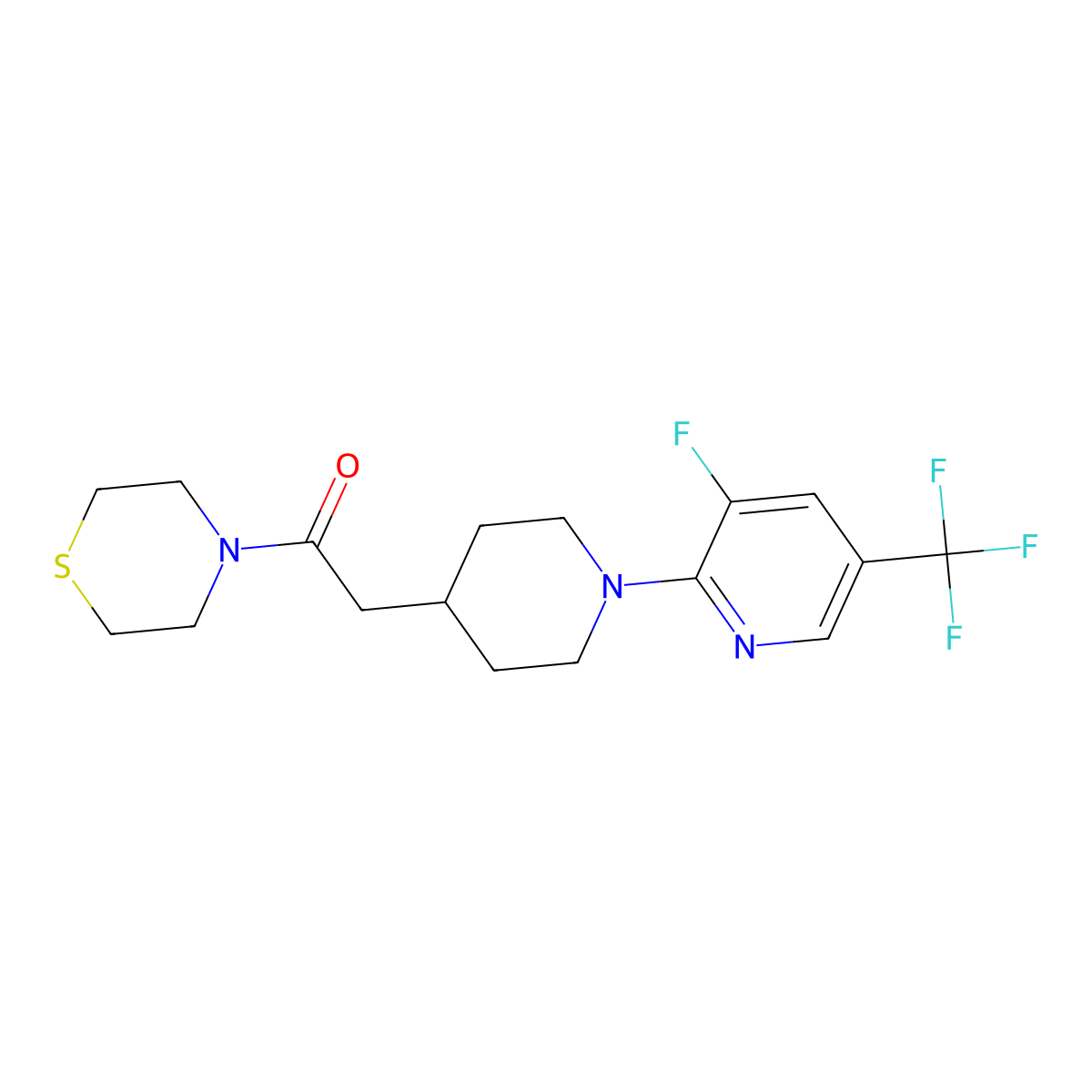 2-{1-[3-Fluoro-5-(trifluoromethyl)pyridin-2-yl]piperidin-4-yl}-1-(thiomorpholin-4-yl)ethan-1-one molecular structure, CAS 3030848-94-0